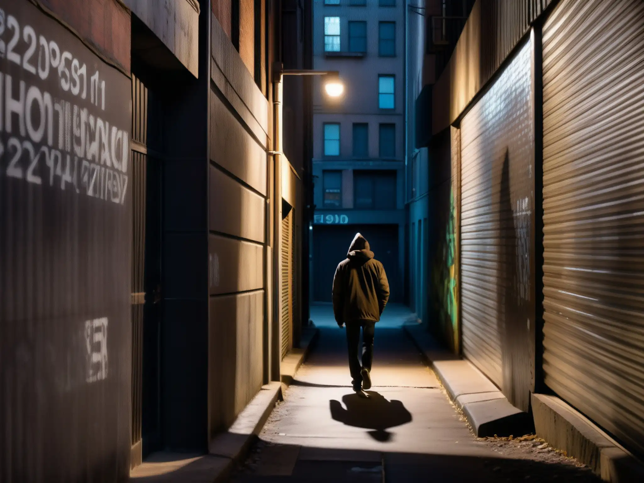 Un callejón sombrío y misterioso con graffiti, luces parpadeantes y una figura solitaria
