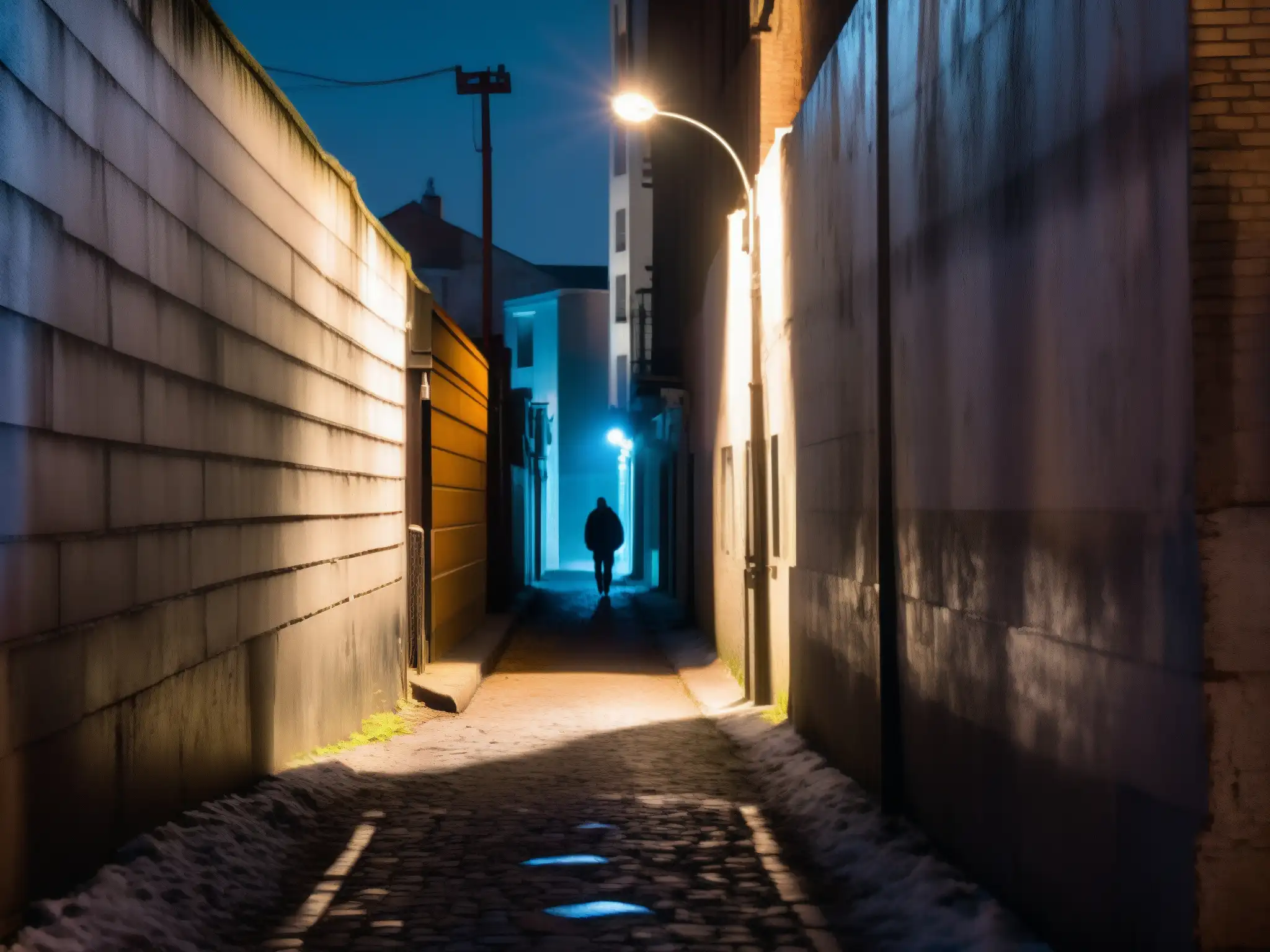 Un callejón sombrío y misterioso con grafitis, una figura solitaria y una luz fantasmal, capturando la evolución de las leyendas urbanas