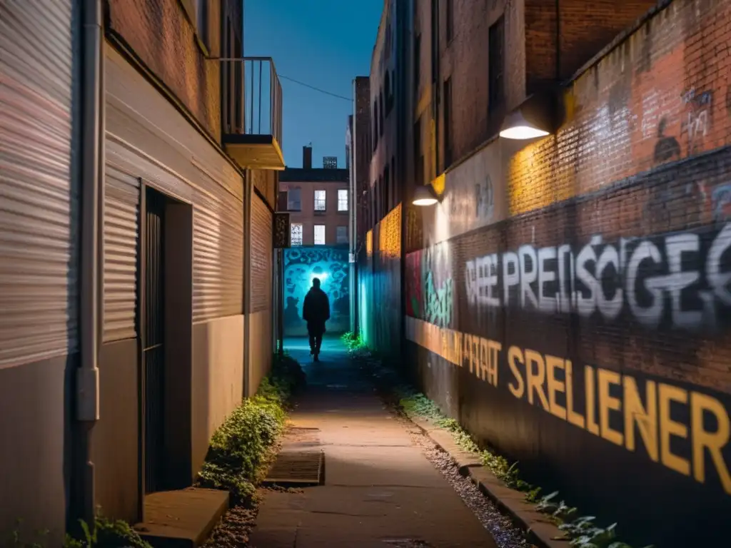 Un callejón sombrío y misterioso, con grafitis y luces parpadeantes