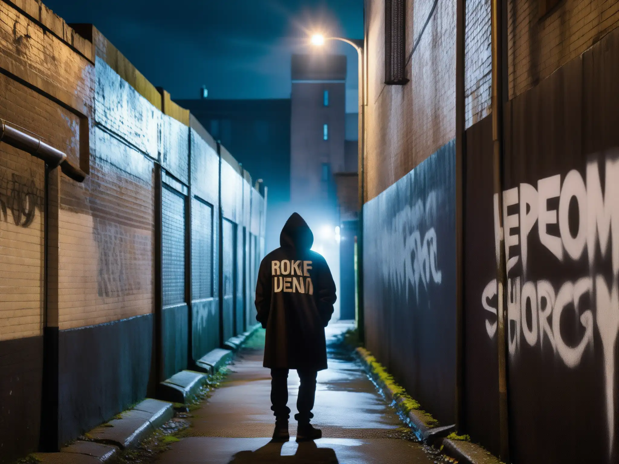 Un callejón sombrío y misterioso con paredes llenas de graffiti y una figura solitaria en la distancia, evocando leyendas urbanas nacidas en Twitter