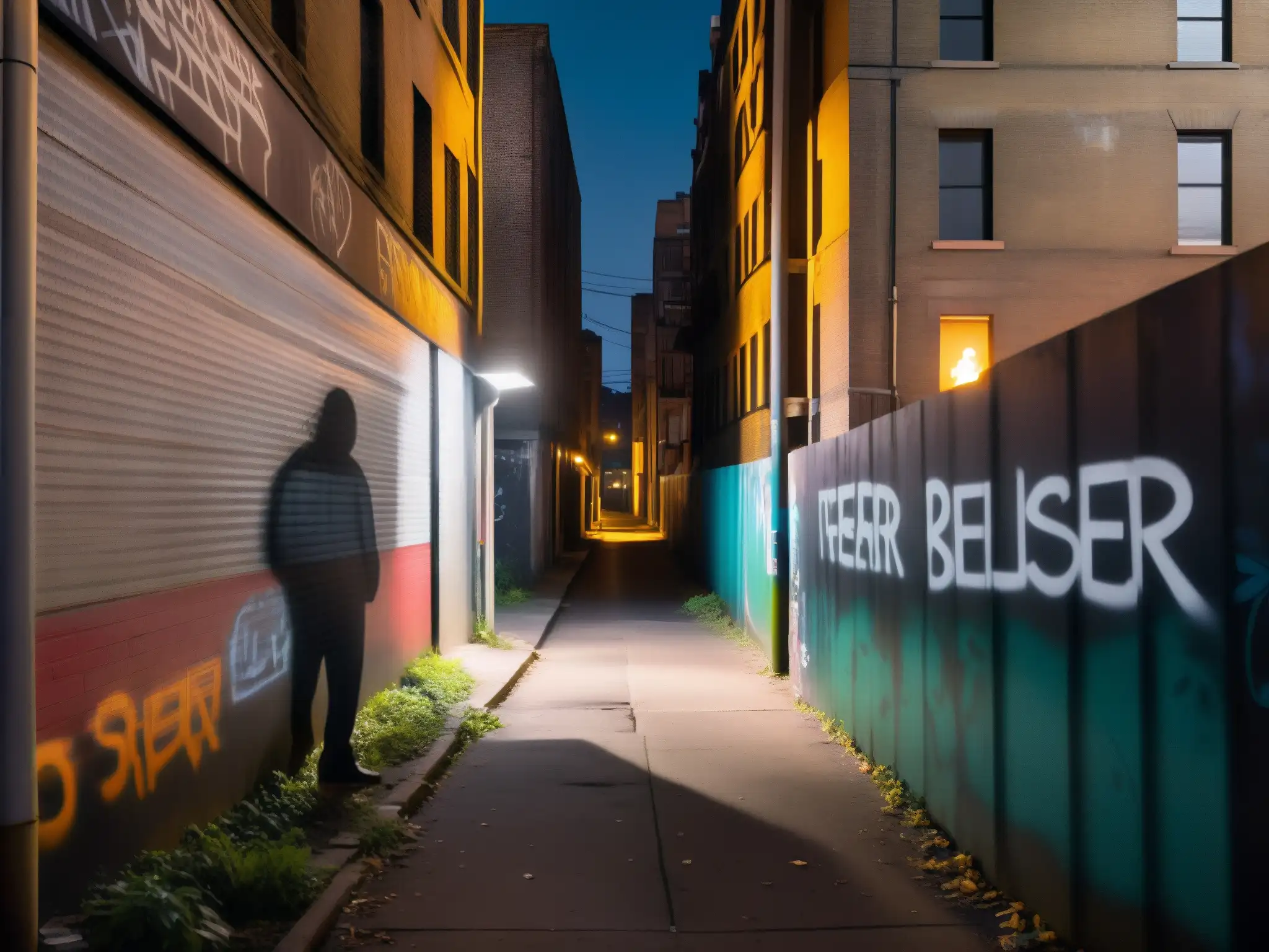 Un callejón sombrío en la noche, con una figura solitaria entre las sombras y grafitis en las paredes, evocando el misterio de las leyendas urbanas