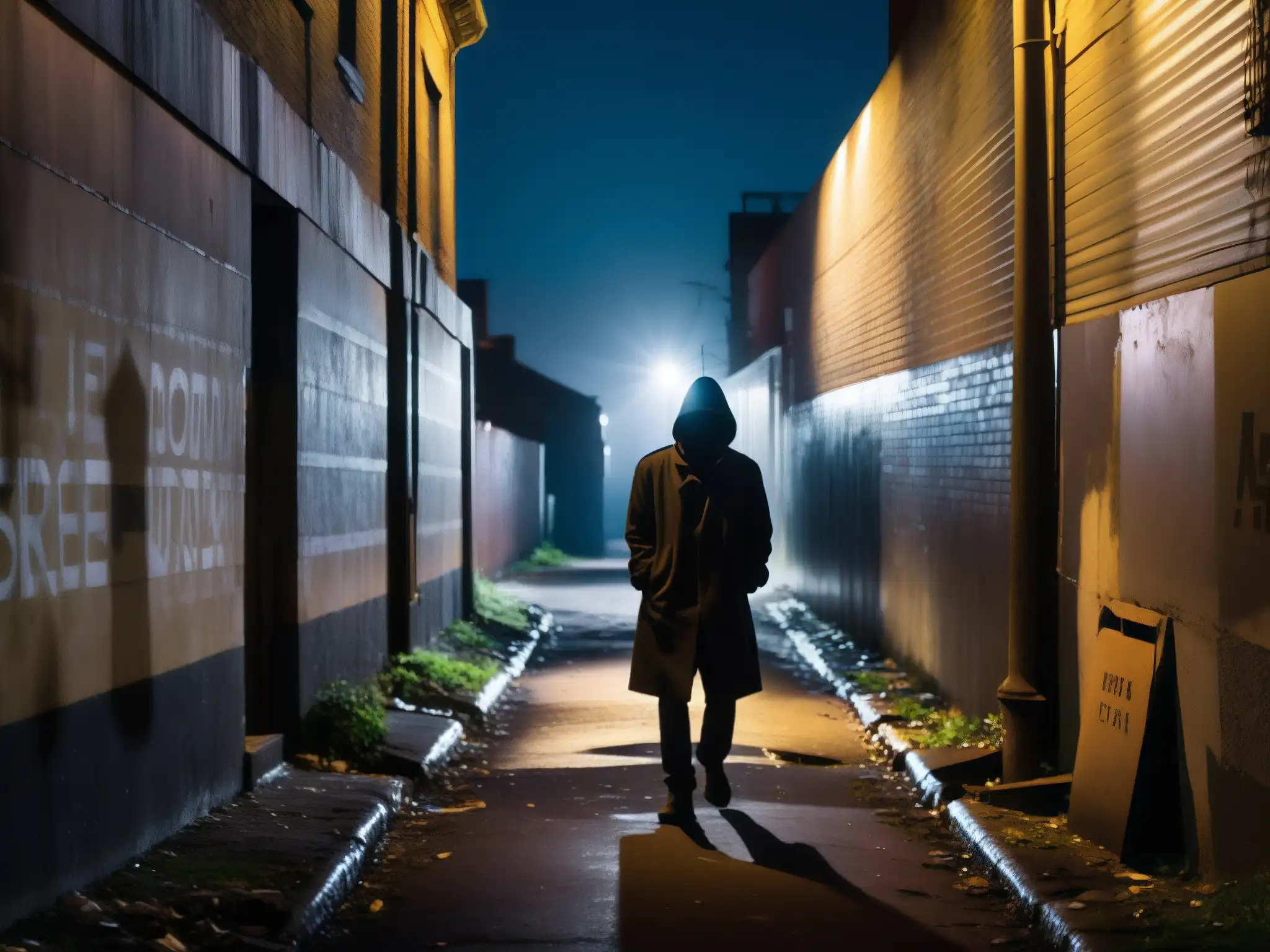 Un callejón sombrío de noche con una figura solitaria en la distancia