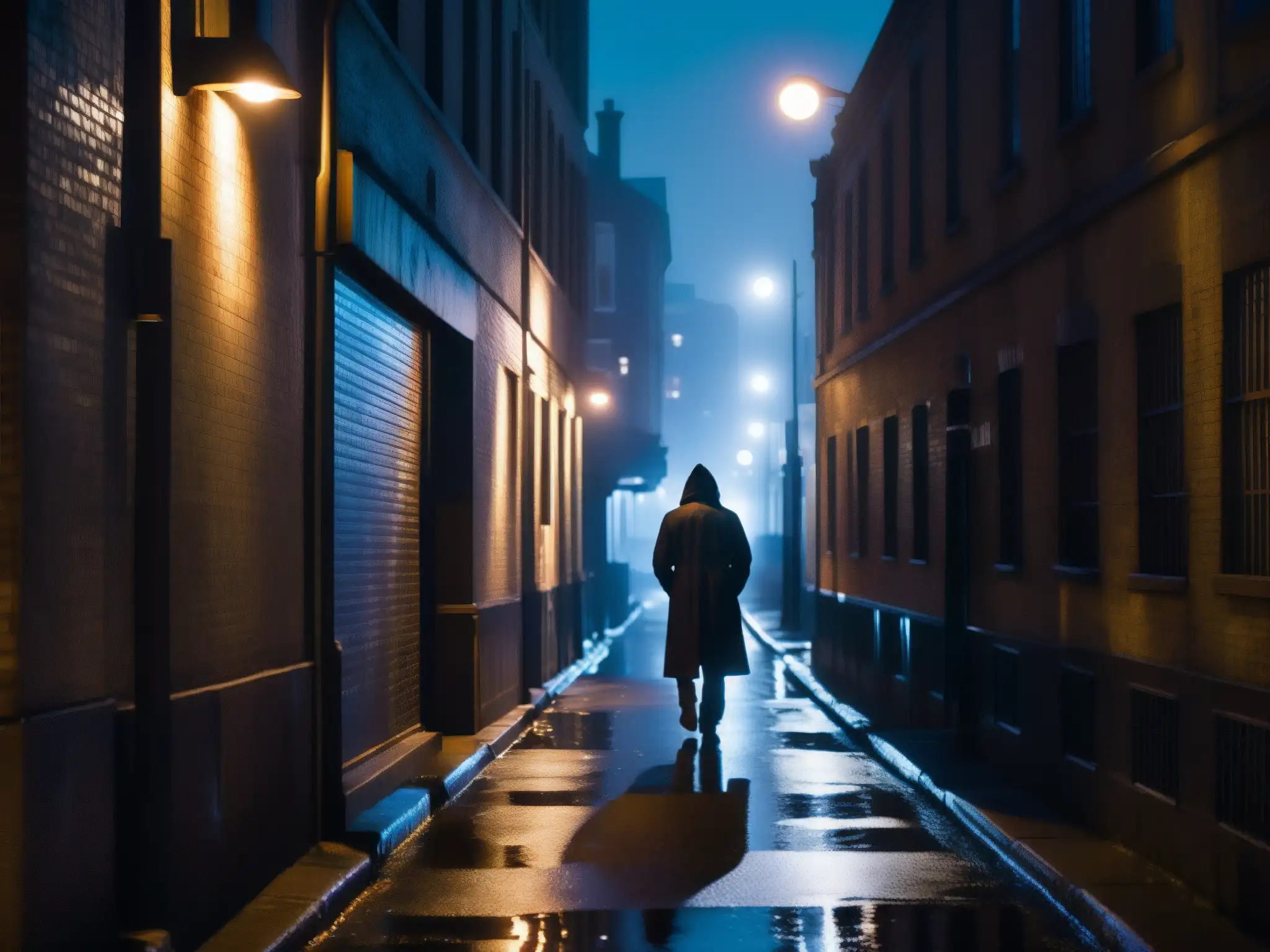 Un callejón sombrío de noche con figuras misteriosas y luces parpadeantes, capturando el psicoanálisis de leyendas urbanas miedo