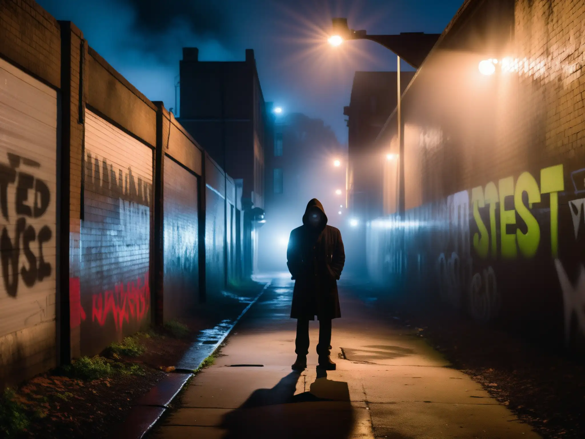 Un callejón sombrío de noche, con figuras monstruosas en grafitis