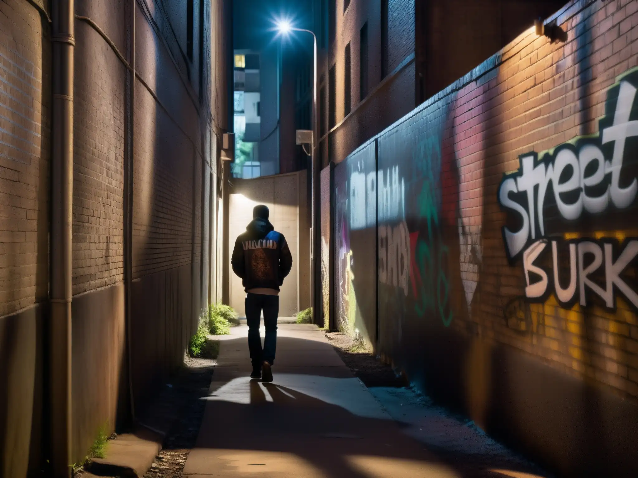 Un callejón sombrío con paredes cubiertas de grafiti, iluminado solo por la luz parpadeante de una farola rota