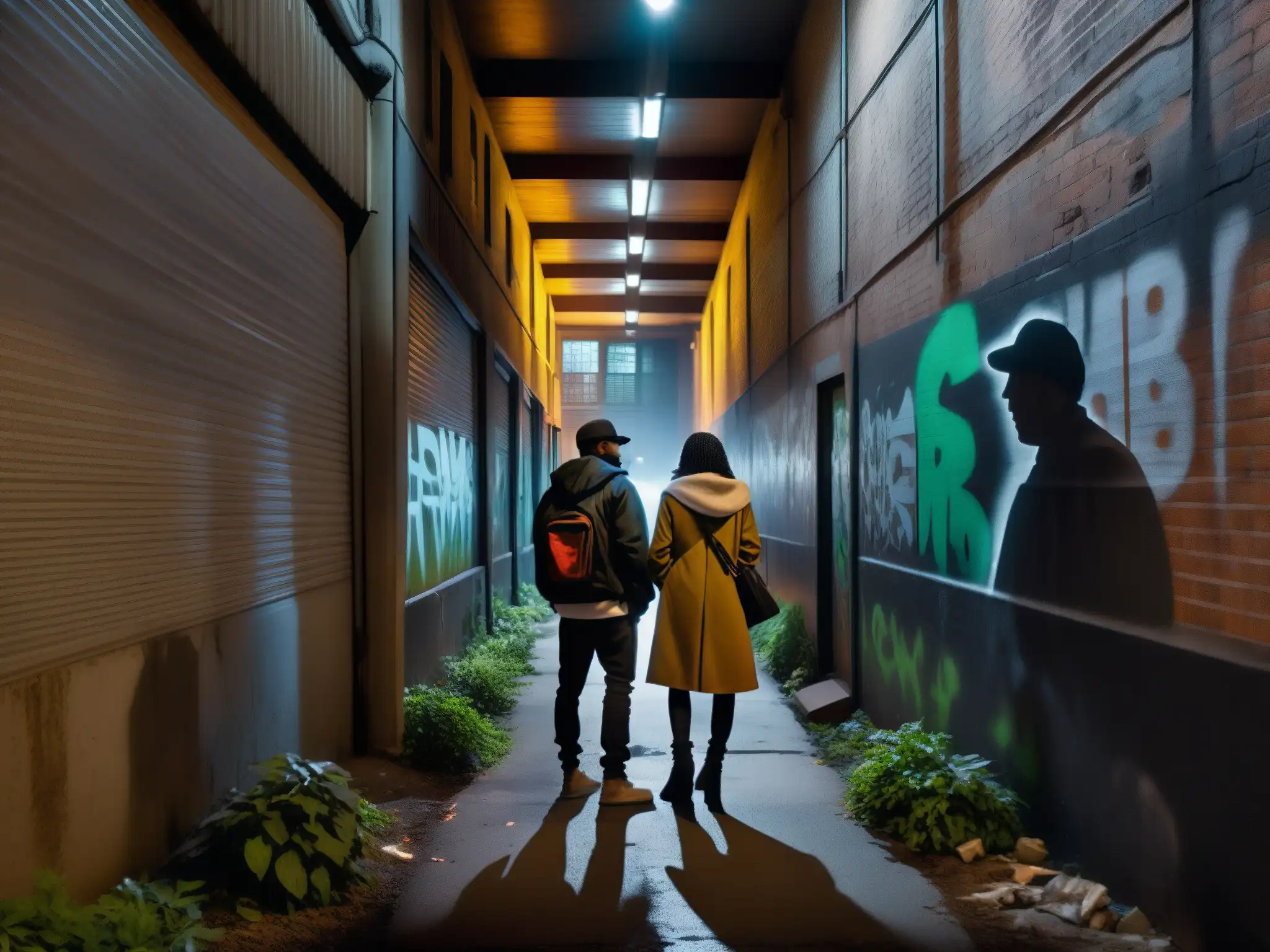 En un callejón sombrío con paredes cubiertas de graffiti, se ven figuras enigmáticas intercambiando conversaciones susurradas, añadiendo a la atmósfera de misterio que rodea a las leyendas urbanas