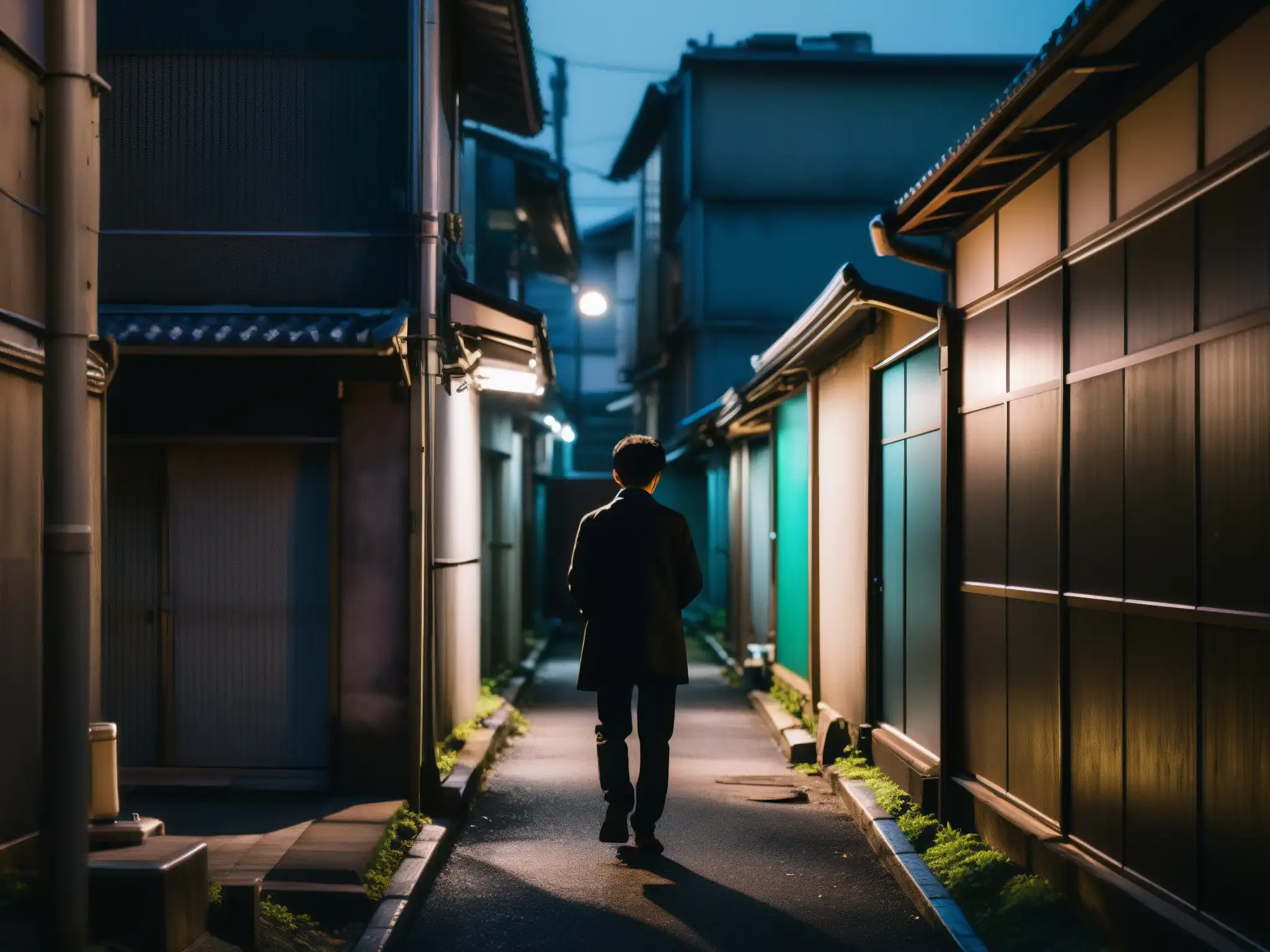 Un callejón sombrío en Tokio con un personaje ansioso y un smartphone, reviviendo leyendas urbanas japonesas