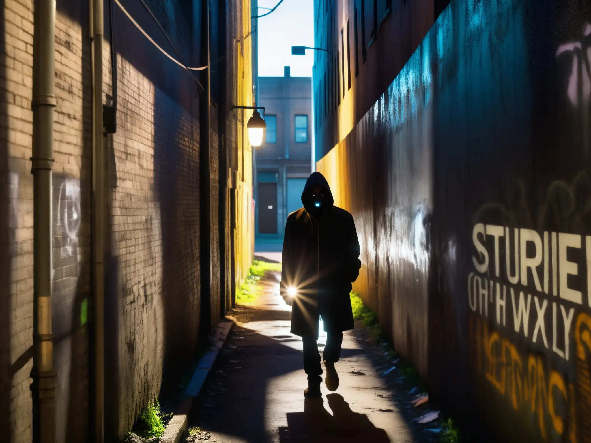Un callejón sombrío y siniestro en la ciudad, con grafitis y una luz parpadeante que proyecta largas sombras