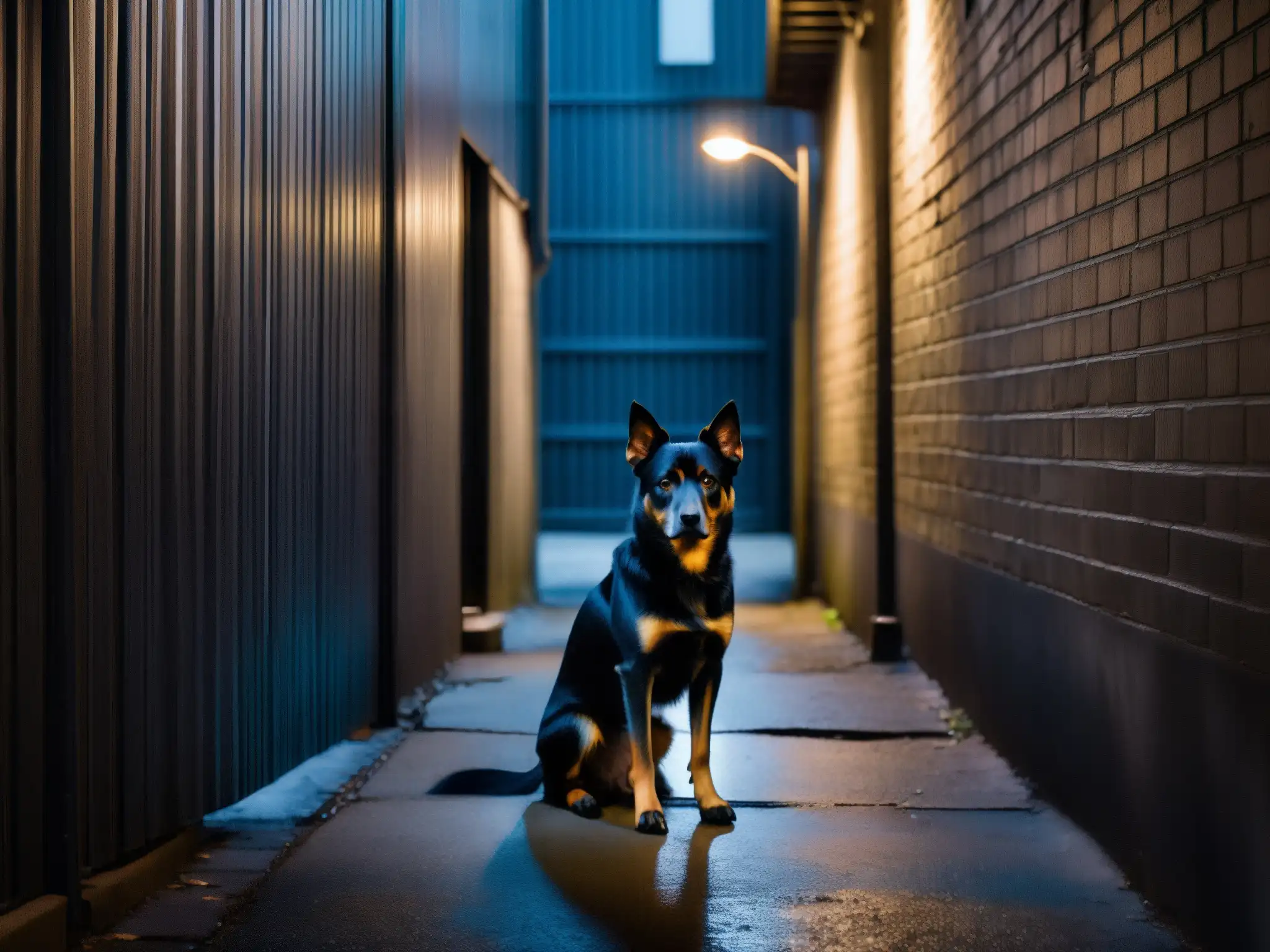 Un callejón sombrío con un solitario perro negro, creando una atmósfera inquietante