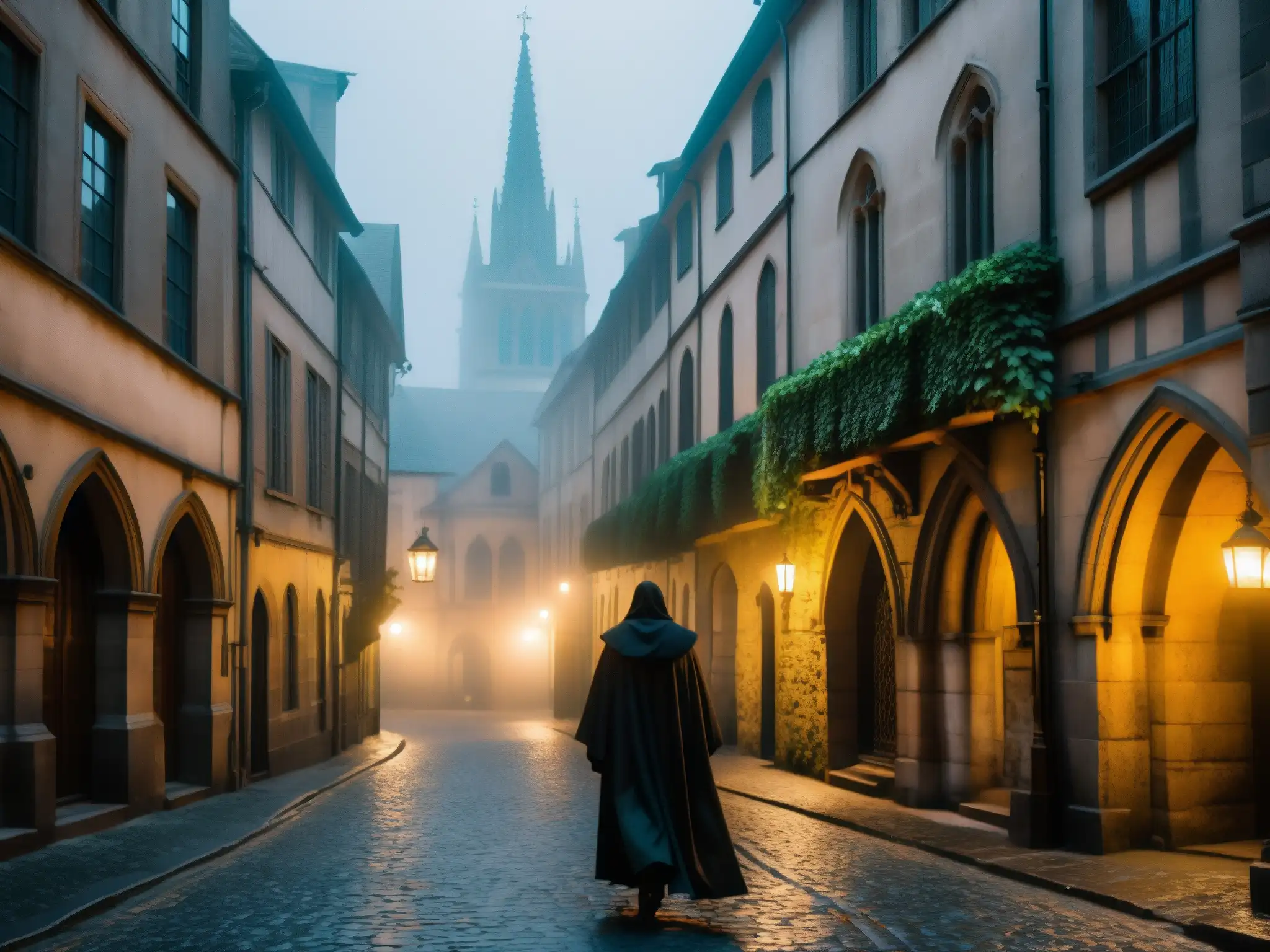 Un callejón tenebroso y misterioso con una catedral gótica de fondo