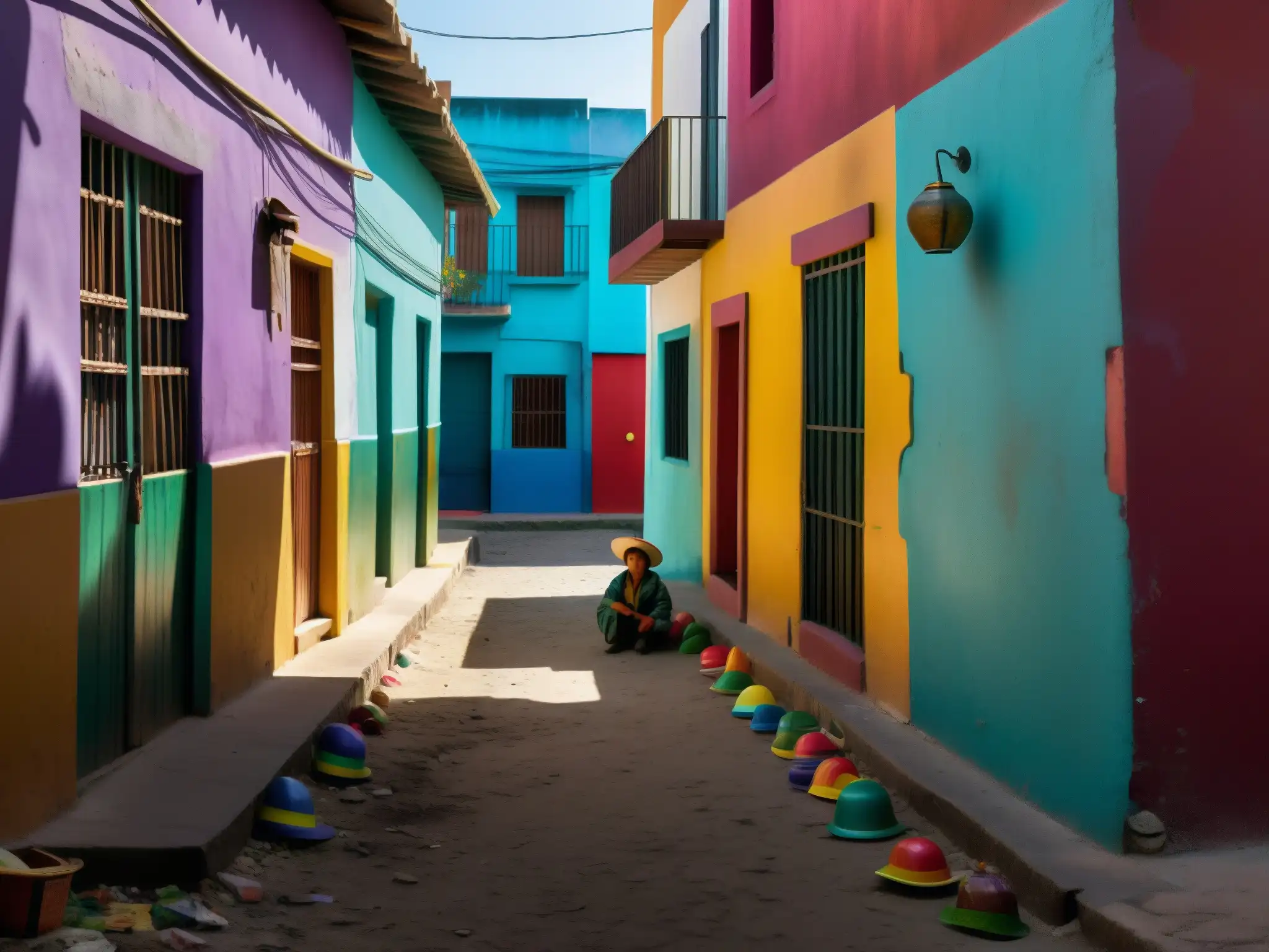 Un callejón tenue en una ciudad mexicana, con murales coloridos
