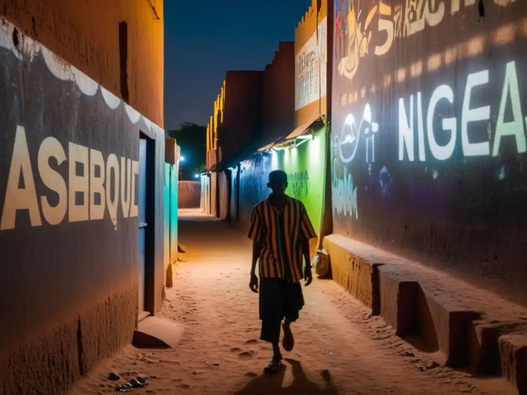 Un callejón tenue en Niamey, Níger, con figuras sombrías moviéndose entre graffiti colorido