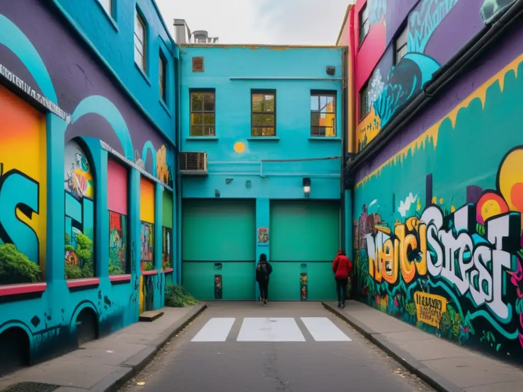 Un callejón urbano cubierto de grafitis y murales, lleno de color y vida, reflejando encantamientos en la cultura urbana