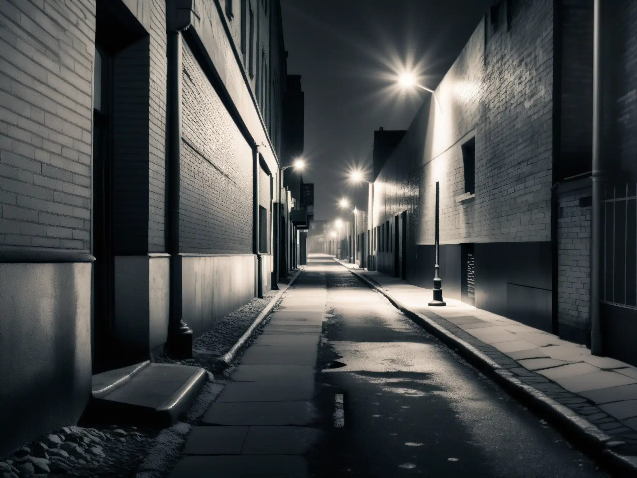 Un callejón urbano desolado en blanco y negro, iluminado por lámparas tenues