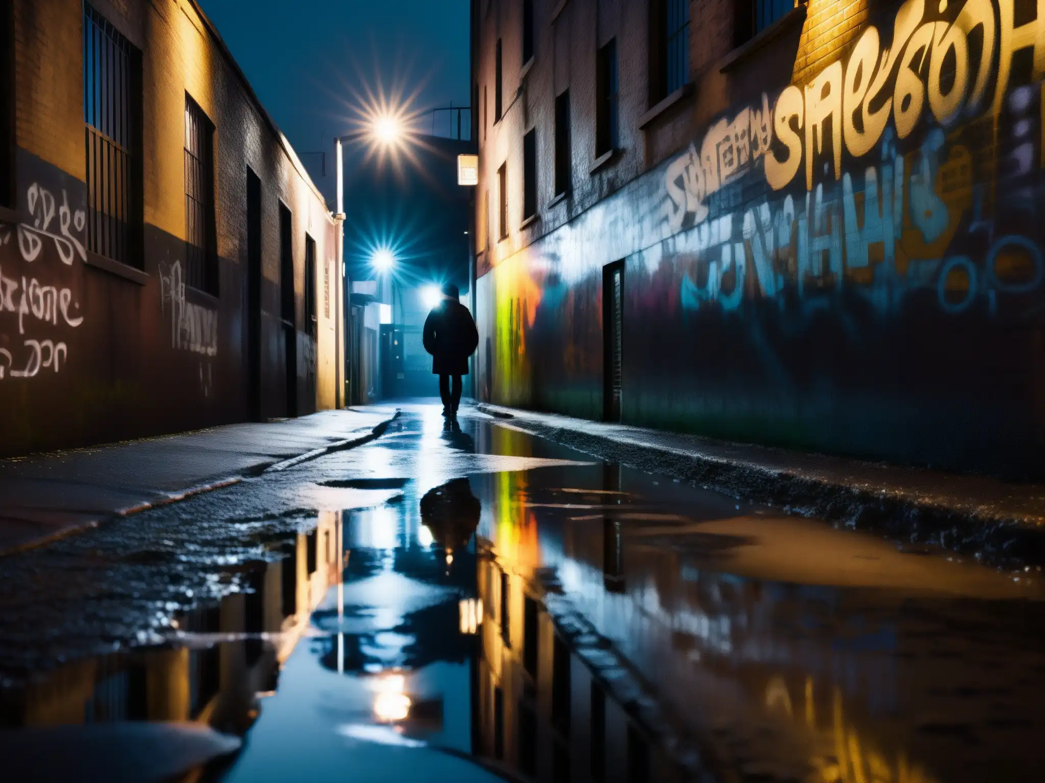 Un callejón urbano con grafitis, charcos y luces lejanas, evocando el impacto psicológico de leyendas urbanas