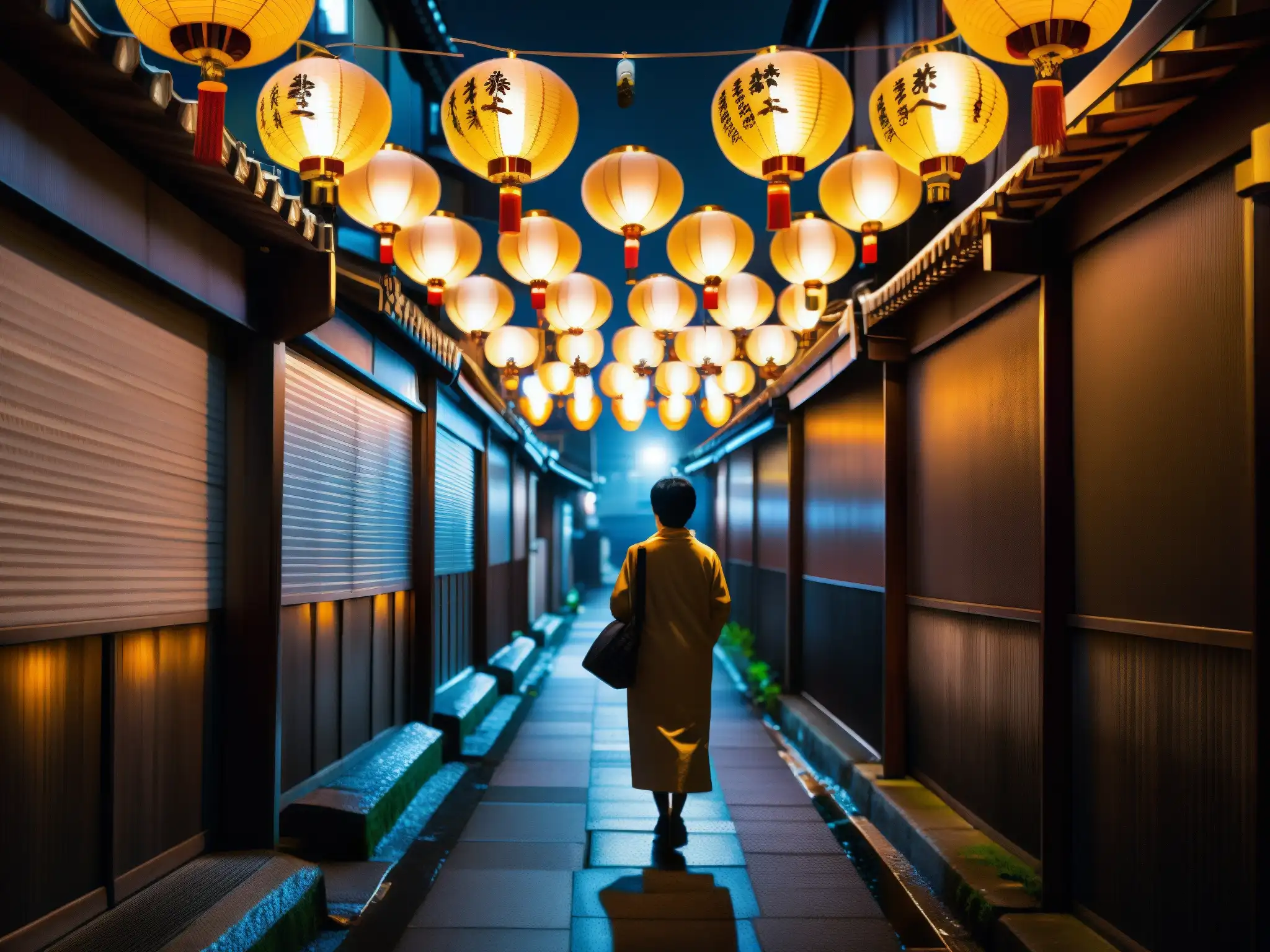 Un callejón urbano en Japón iluminado por faroles tradicionales, con una figura solitaria y su smartphone, reviviendo leyendas urbanas japonesas
