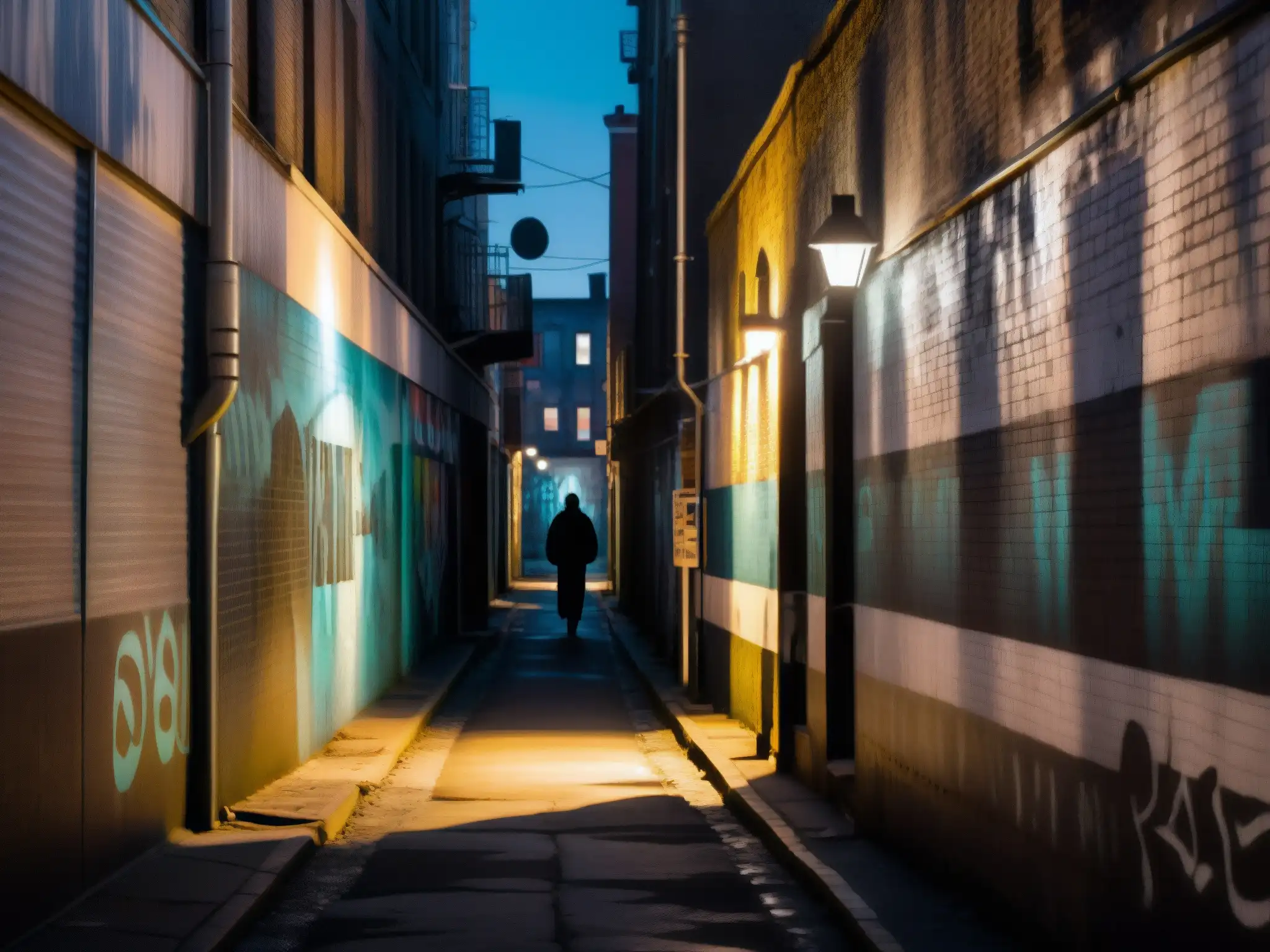 Un callejón urbano iluminado tenue con murales de graffiti y una figura solitaria al final
