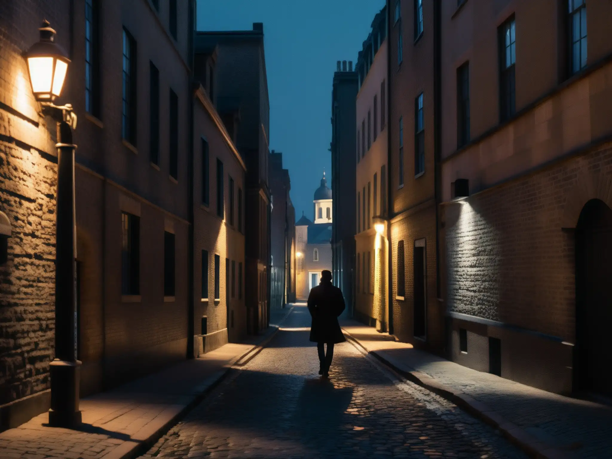 Un callejón urbano oscuro, con una figura solitaria caminando