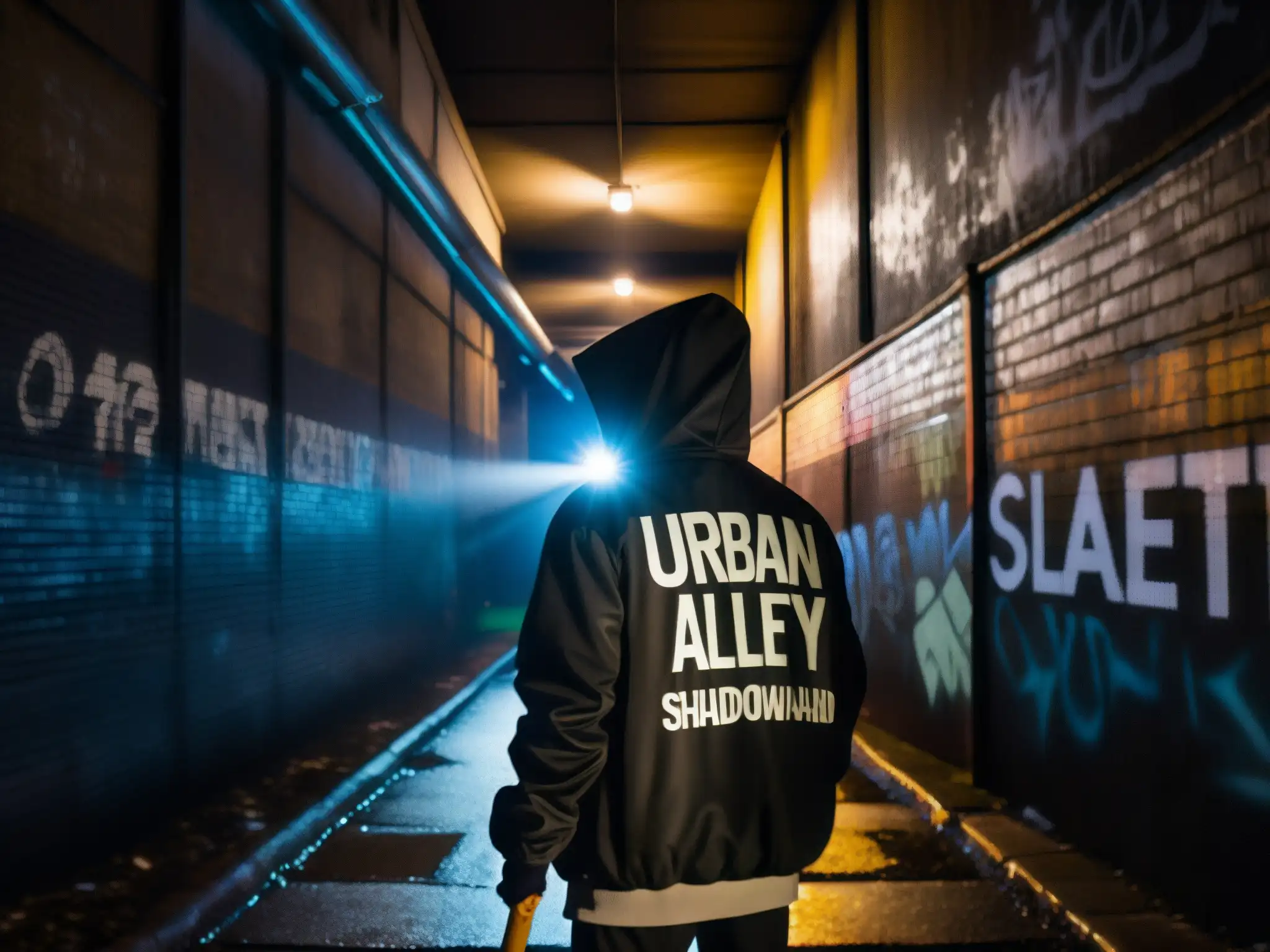 Un callejón urbano oscuro con grafitis, luces parpadeantes y una figura misteriosa con capucha sosteniendo un bate de béisbol