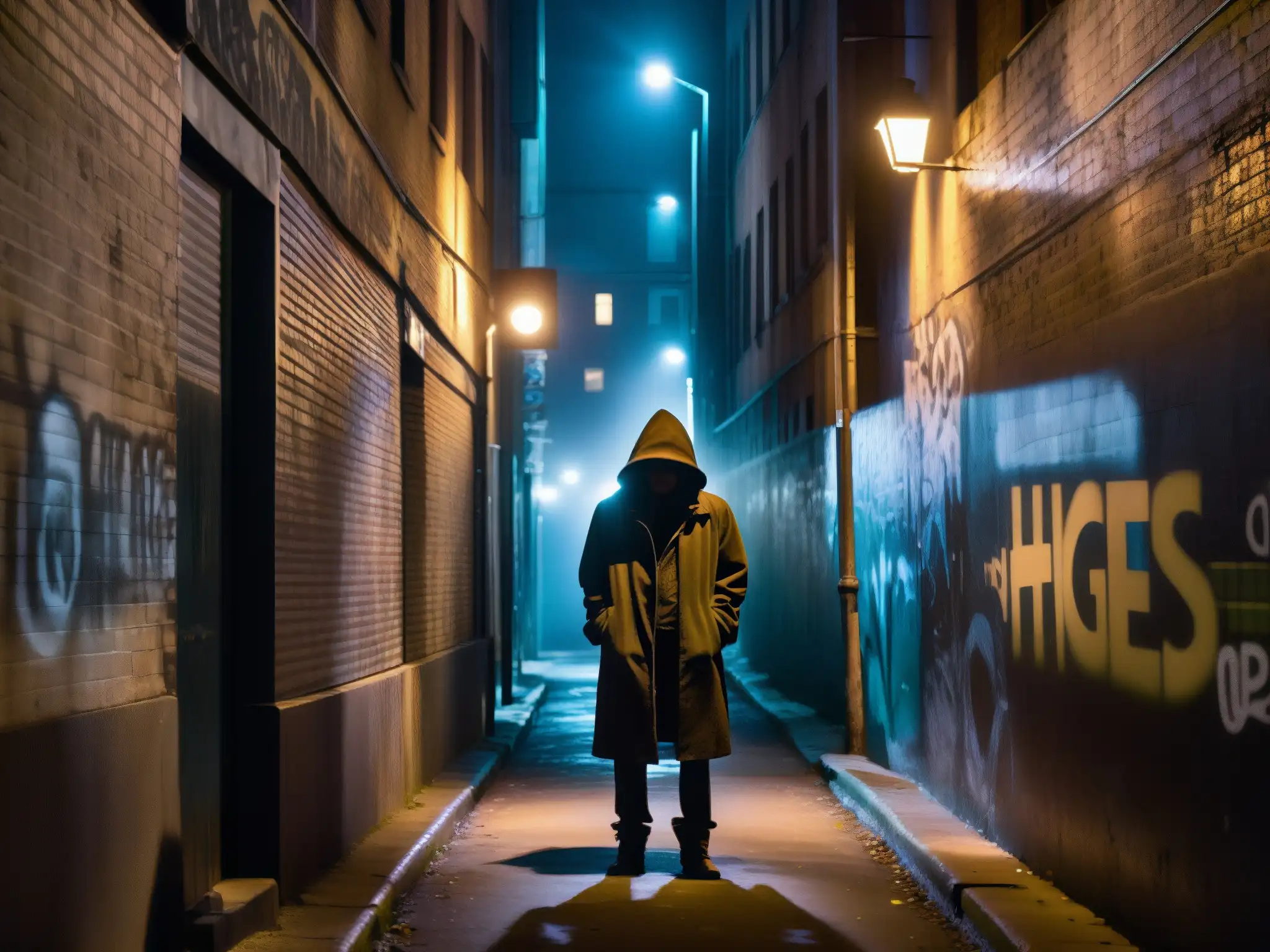 Un callejón urbano oscuro con grafitis y una figura misteriosa, evocando impacto narrativo y leyendas urbanas