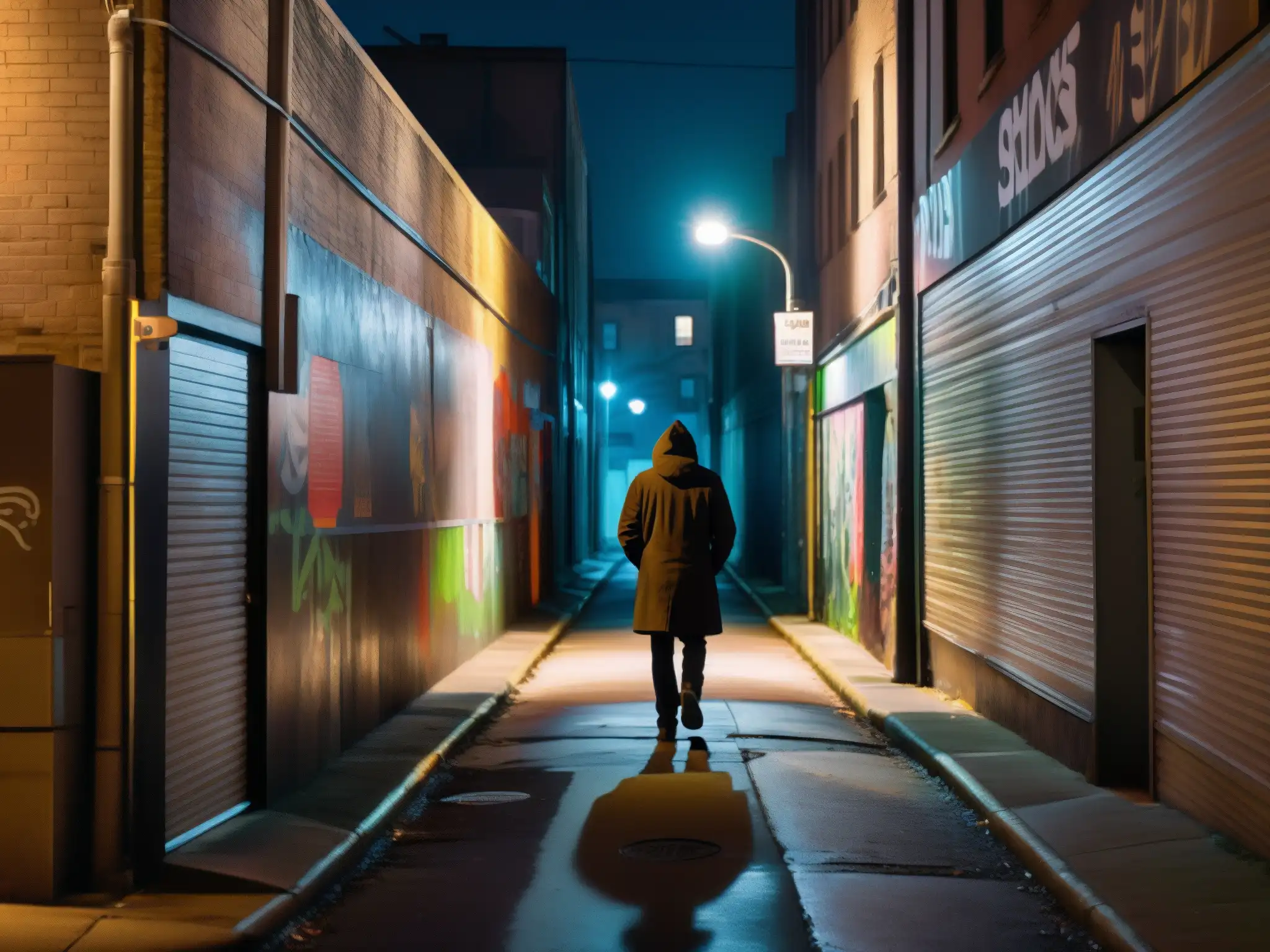 Un callejón urbano oscuro con grafitis, una figura solitaria y una luz tenue