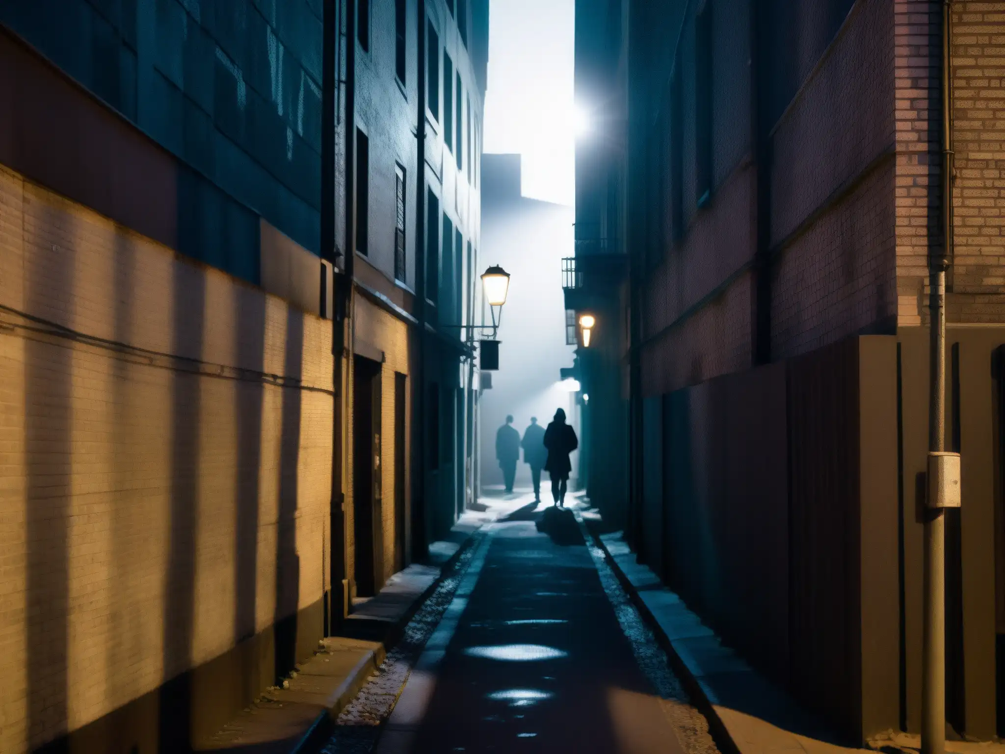 Un callejón urbano oscuro, iluminado por luces parpadeantes que proyectan sombras inquietantes