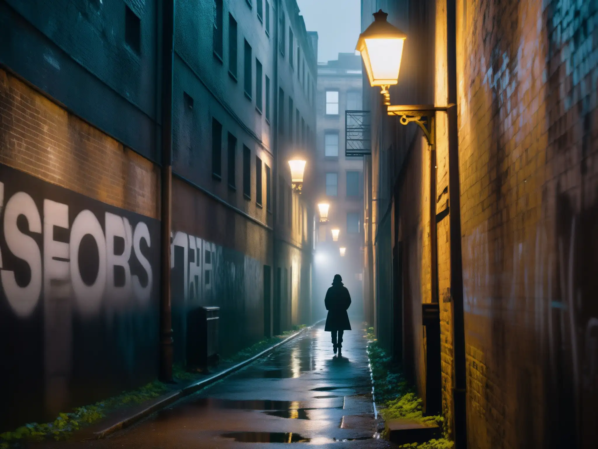 Un callejón urbano oscuro y misterioso con grafitis, luces titilantes y una figura solitaria, evocando mitos y leyendas urbanas psique
