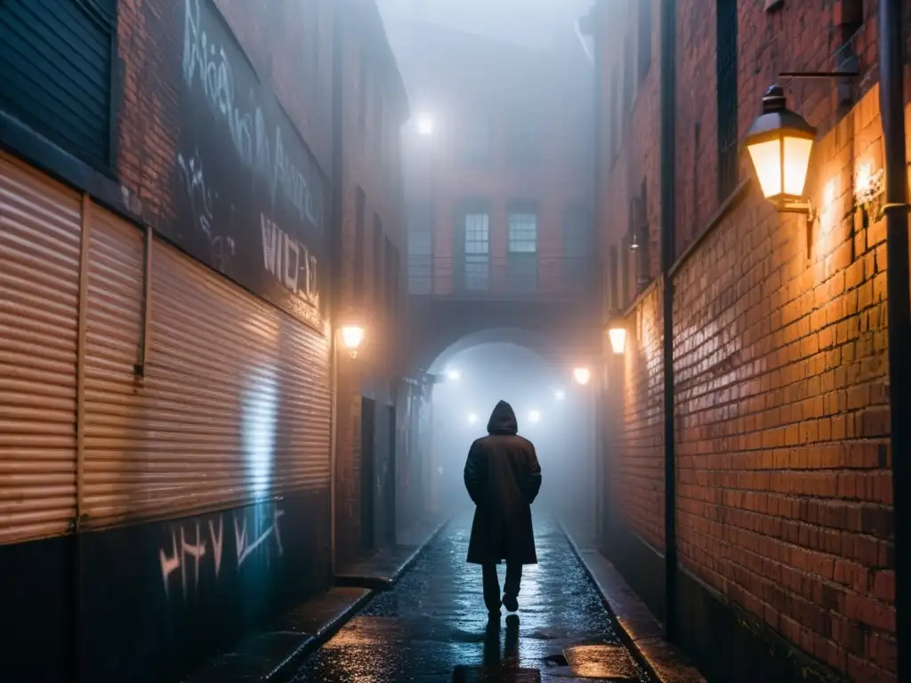 Un callejón urbano oscuro y misterioso, envuelto en niebla con grafitis y luces intermitentes
