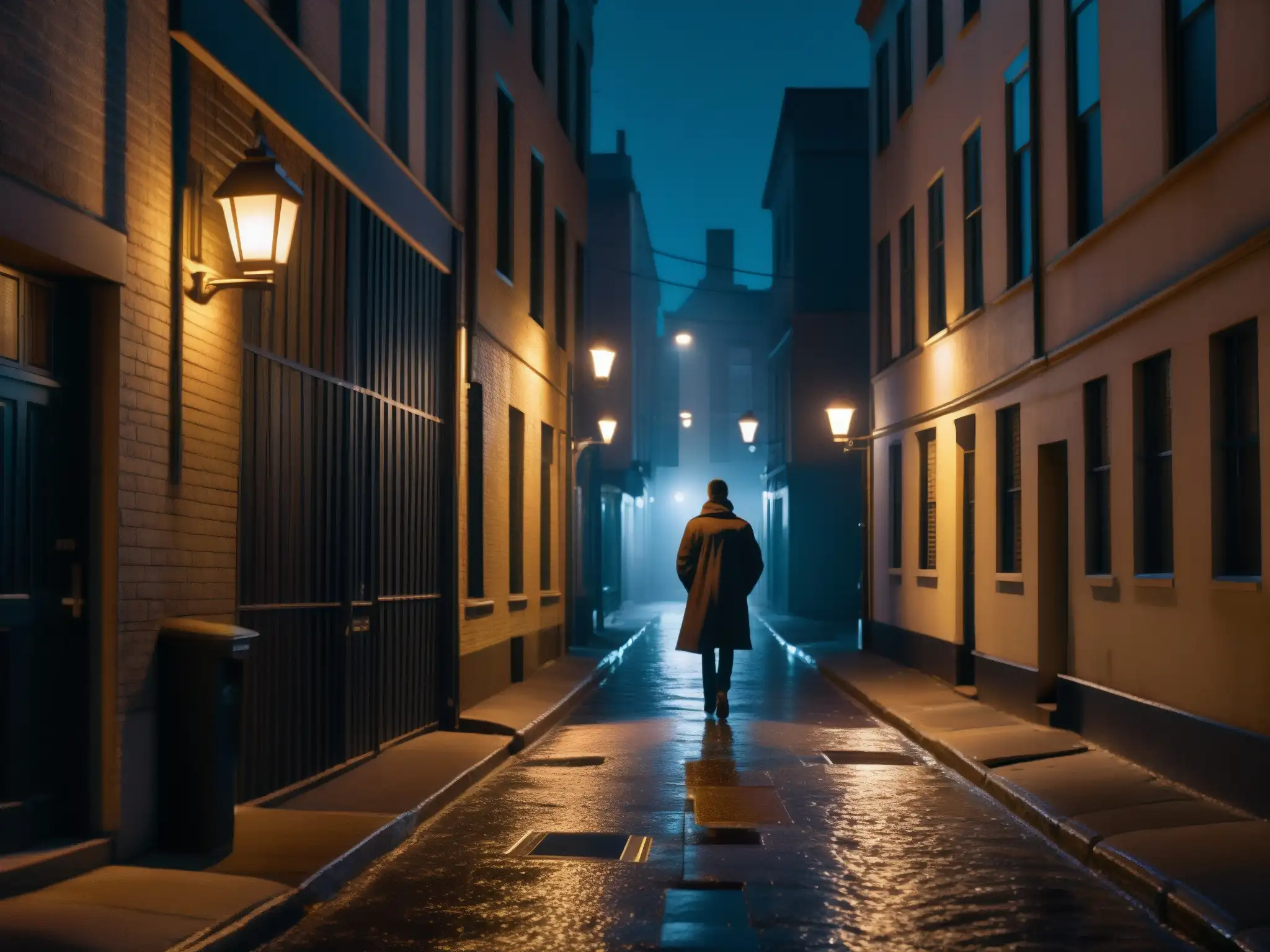 Un callejón urbano oscuro de noche con una figura solitaria caminando en la distancia, rodeado de luces parpadeantes y sombras