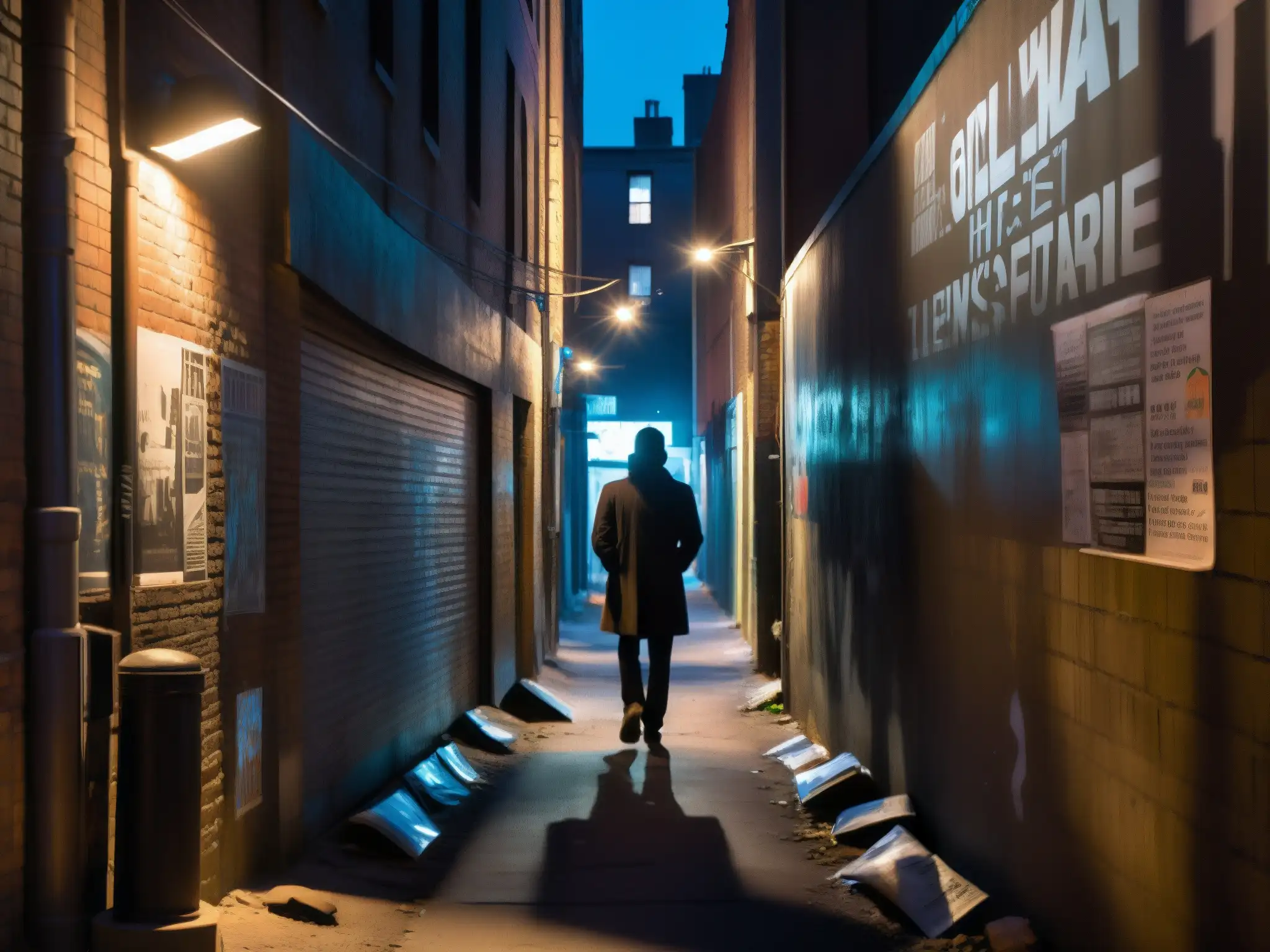 Un callejón urbano en penumbra, con grafitis en las paredes y una figura solitaria en la distancia, crea una atmósfera misteriosa