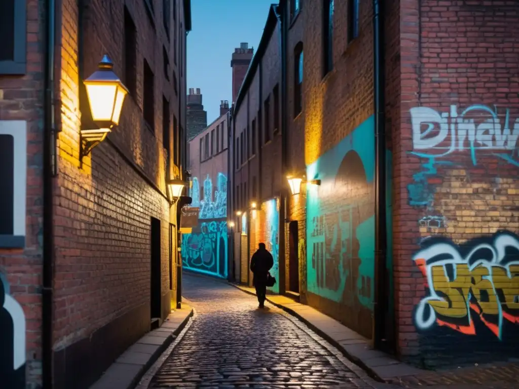 Un callejón urbano en penumbra, con muros de ladrillo y arte callejero