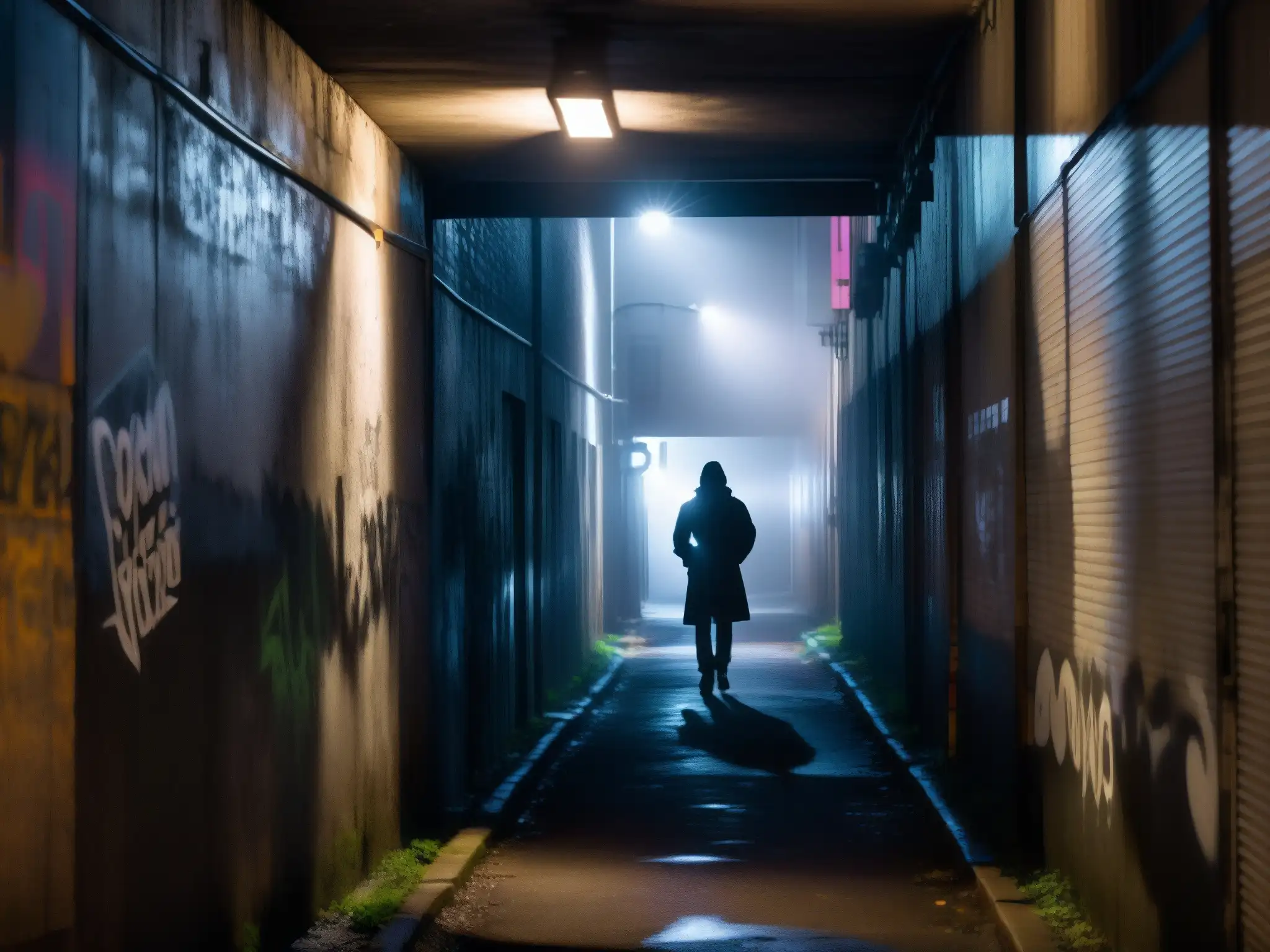 Un callejón urbano sombrío con graffiti, neblina y una figura misteriosa en la distancia