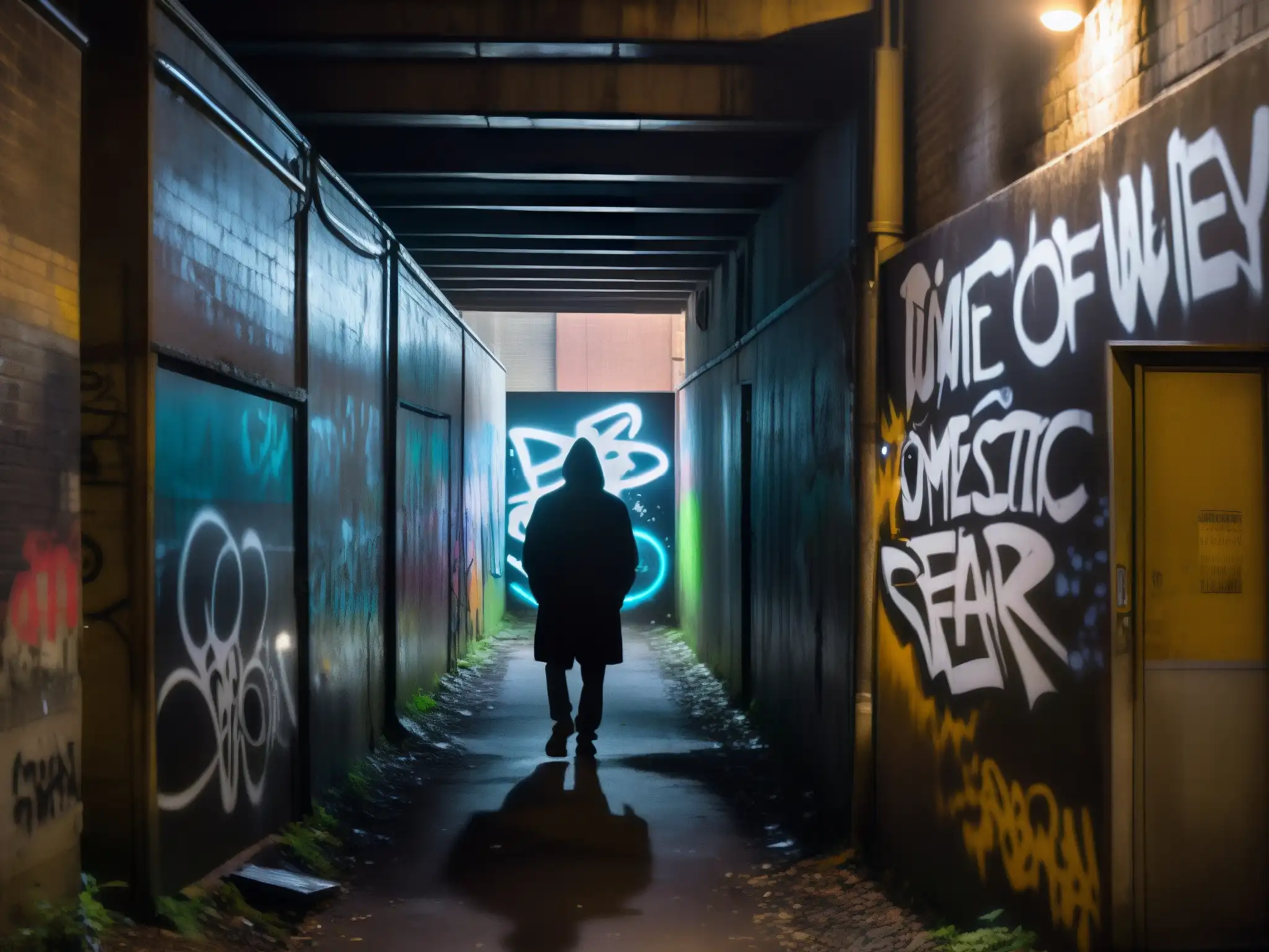 Un callejón urbano sombrío con grafitis y la silueta misteriosa de una figura en la distancia, creando un impacto psicológico de leyendas urbanas