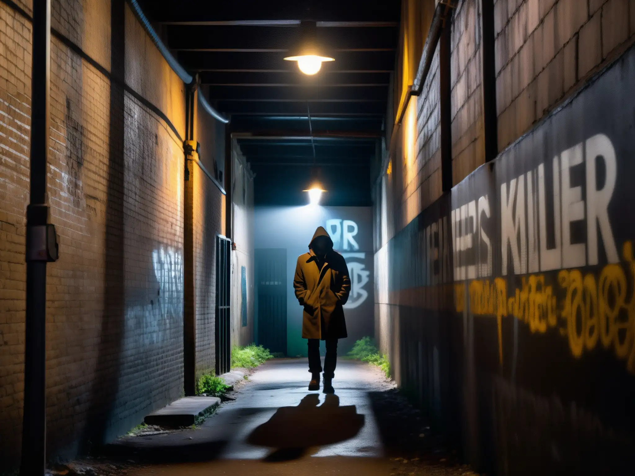 Un callejón urbano sombrío con grafitis y una solitaria farola, evocando peligro y misterio