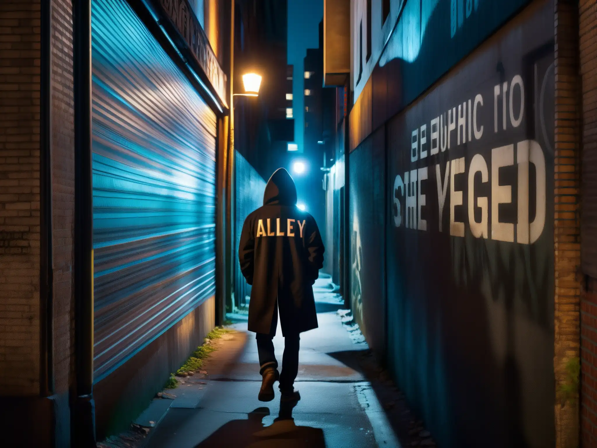 Un callejón urbano sombrío con grafitis y luces titilantes, donde una figura solitaria se aleja, evocando mitos y leyendas urbanas controvertidos