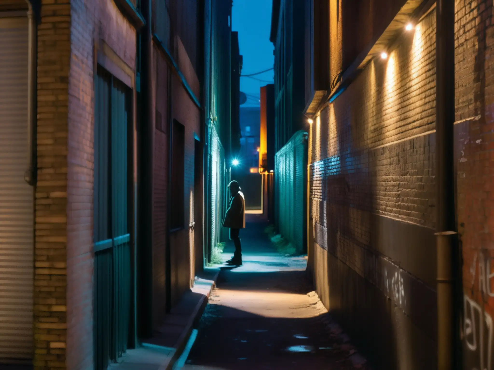 Un callejón urbano sombrío iluminado por tenues luces de la calle, con una figura solitaria en la penumbra