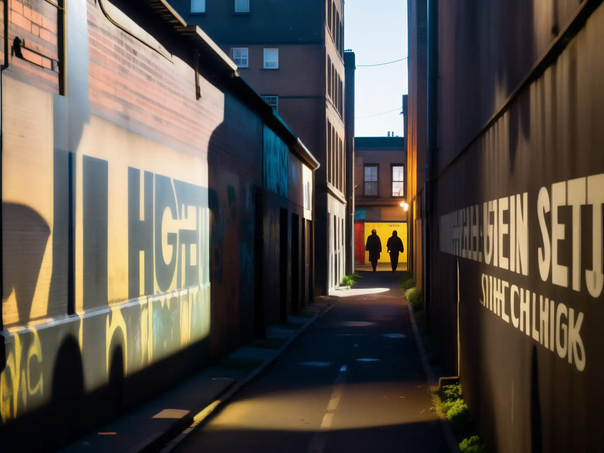 Un callejón urbano sombrío y misterioso, con grafitis, luces tenues y figuras fantasmales