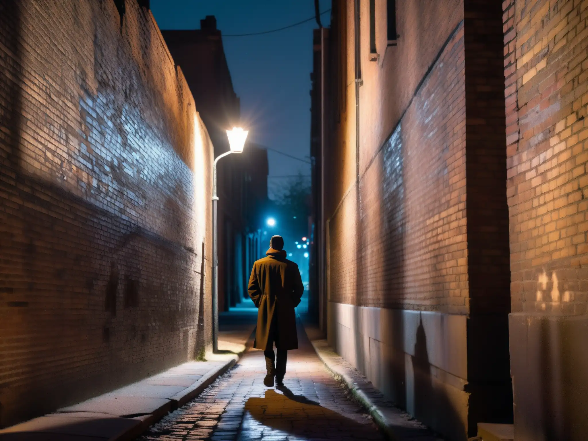 Un callejón urbano sombrío y misterioso de noche, con una luz de la calle parpadeante y sombras alargadas