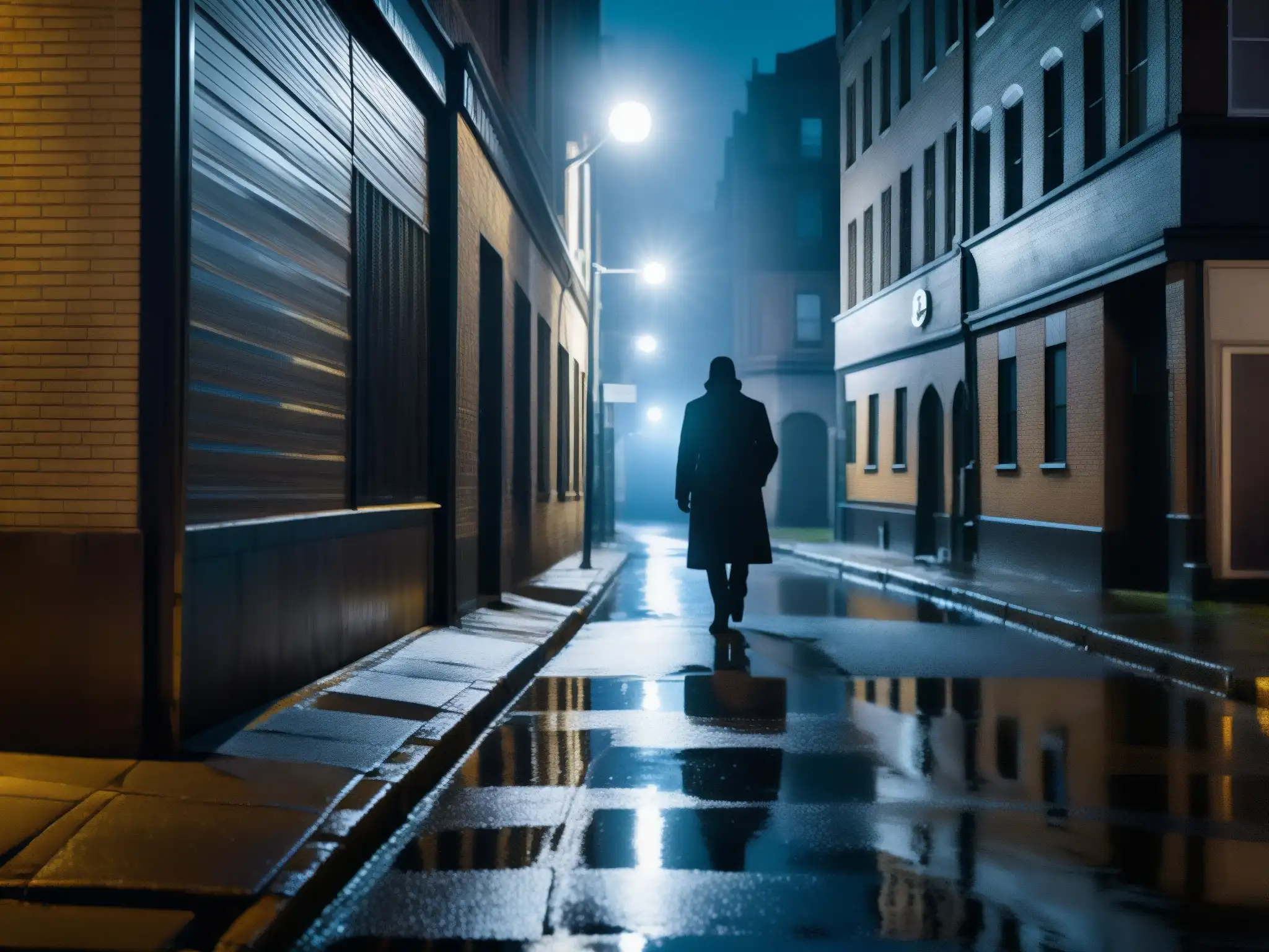Un callejón urbano sombrío de noche con figuras misteriosas y una sola persona caminando con cautela