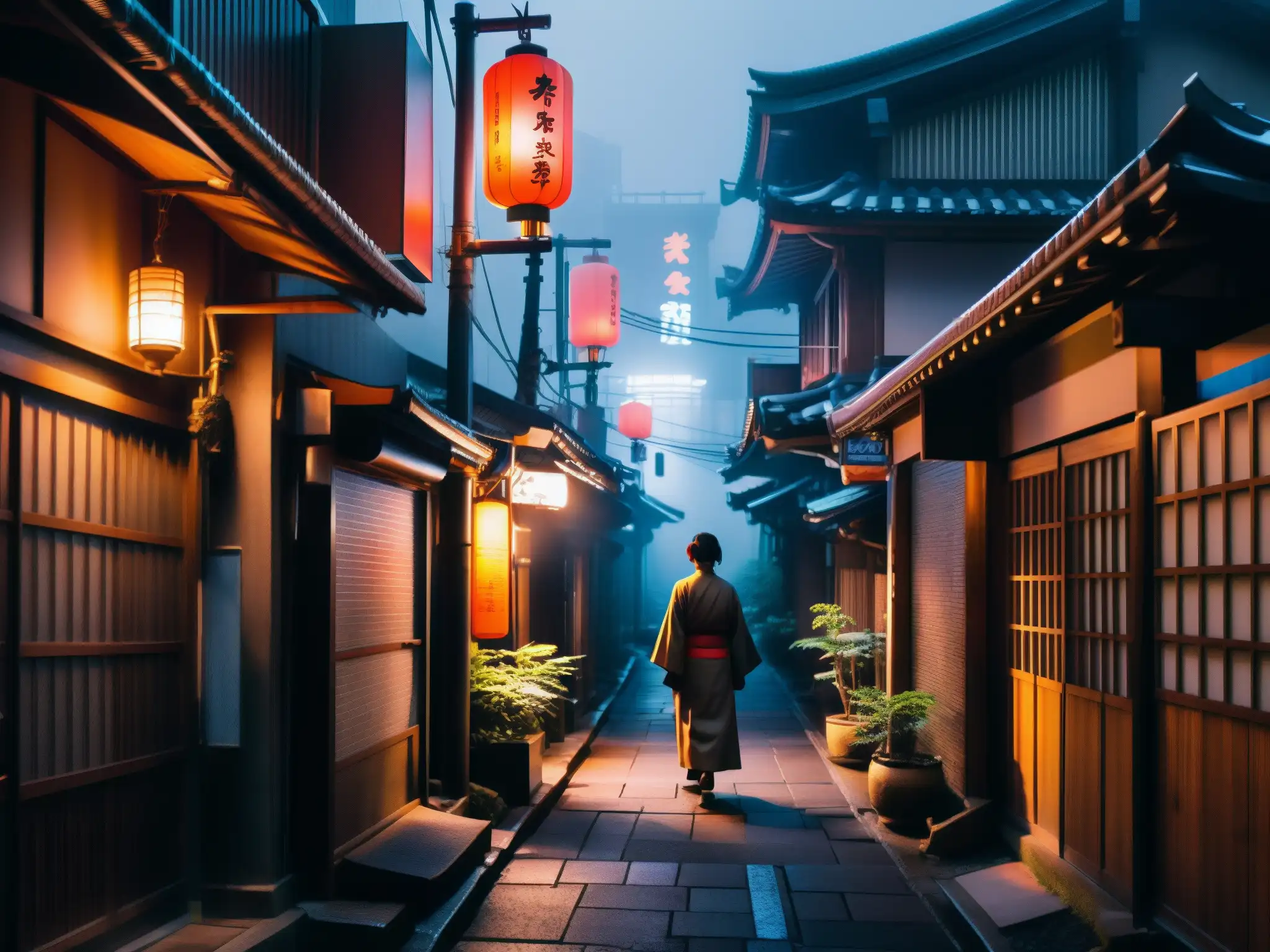 Un callejón urbano en Tokio con neón y niebla evoca el terror urbano japonés