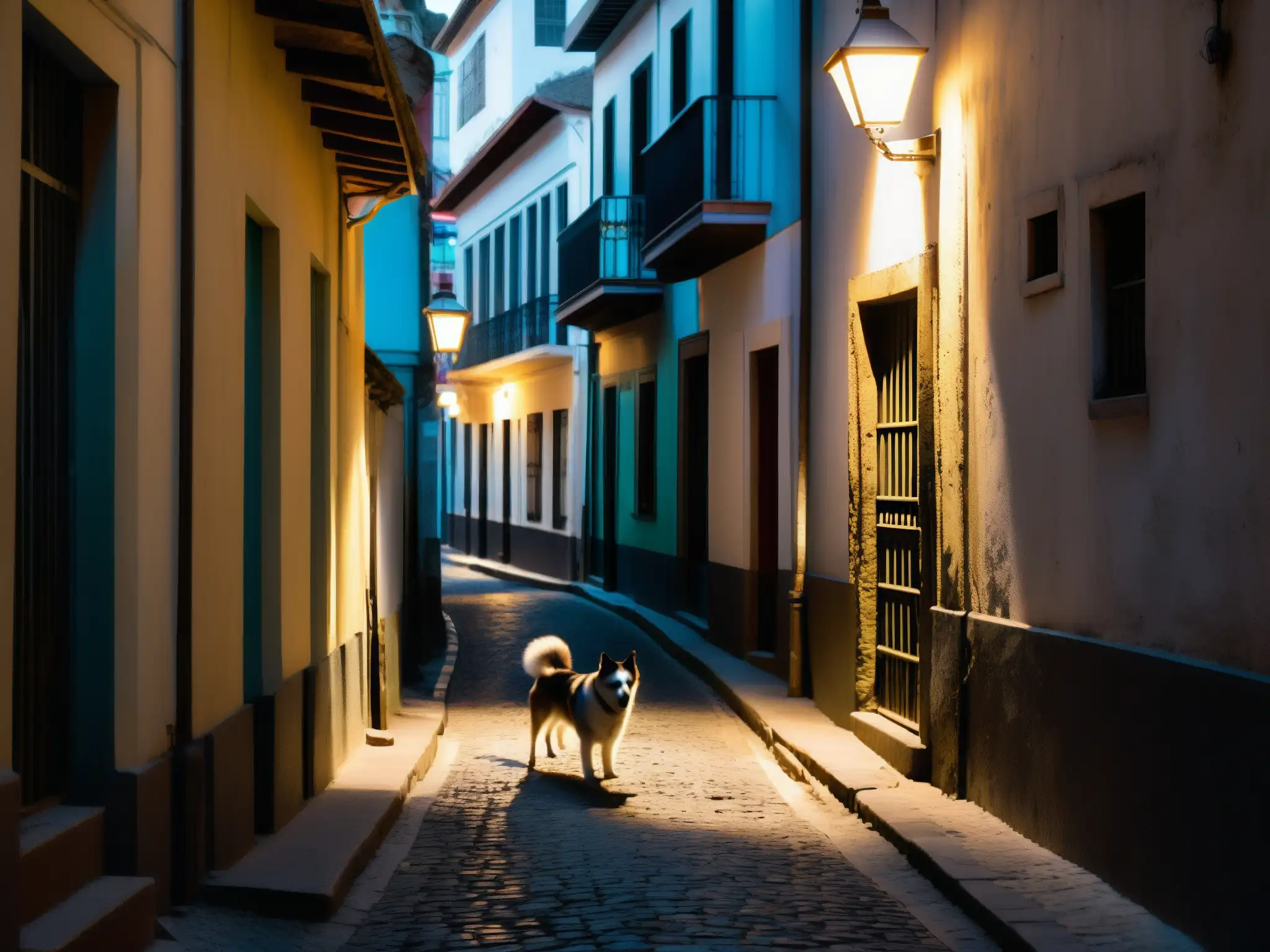 Una callejuela siniestra y oscura en una ciudad sudamericana, con un farol solitario que proyecta largas sombras sobre el suelo empedrado