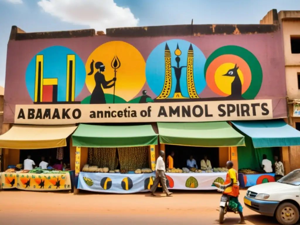Calles bulliciosas de Bamako, Mali, con murales coloridos de espíritus ancestrales y figuras mitológicas