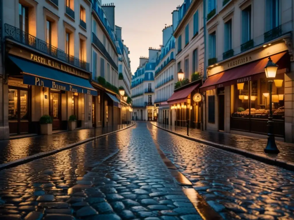 Calles empedradas de París al anochecer, con cálida luz de farolas y arquitectura histórica, evocando historia francesa y leyendas urbanas