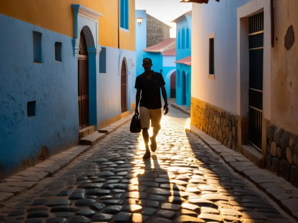 Calles empedradas de Gorée con historia colonial y sombras largas, capturando la esencia de Historias paranormales de Gorée