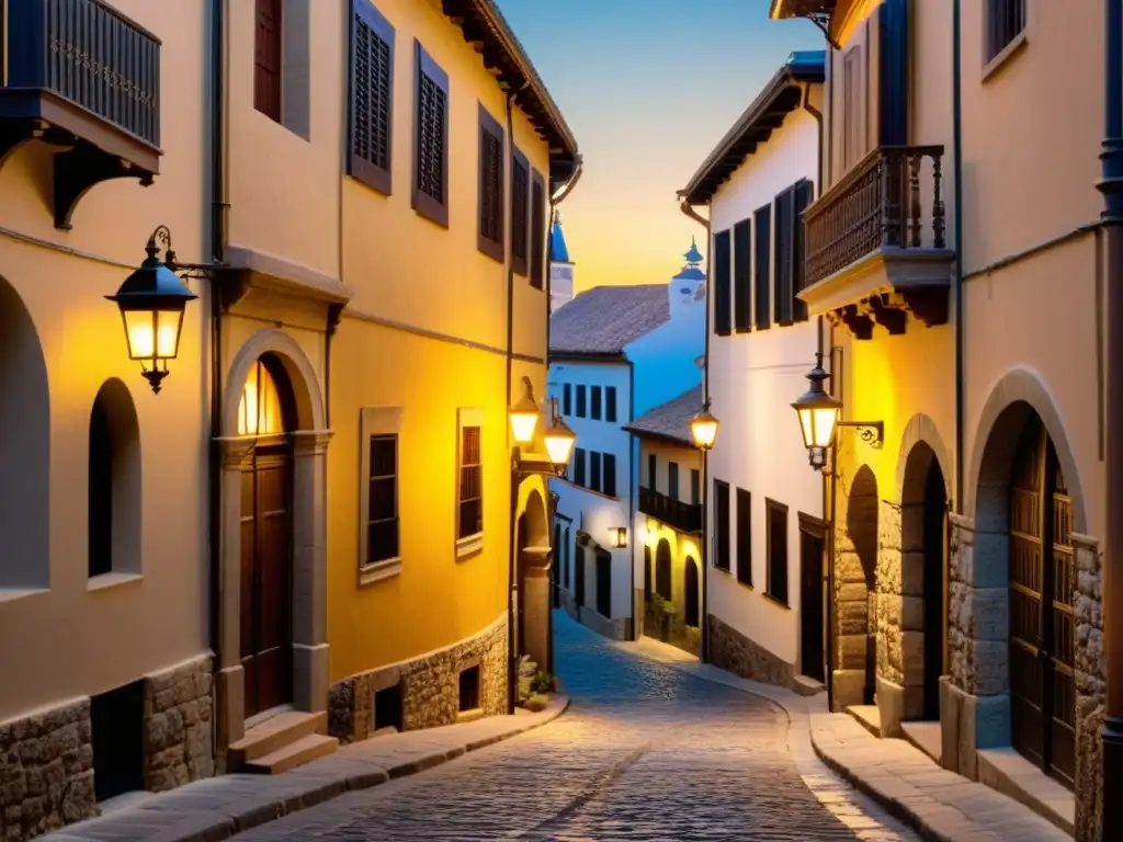 Calles estrechas y empedradas de la judería histórica de Toledo, con arquitectura antigua iluminada por cálidas farolas, evocando leyendas y la rica historia cultural