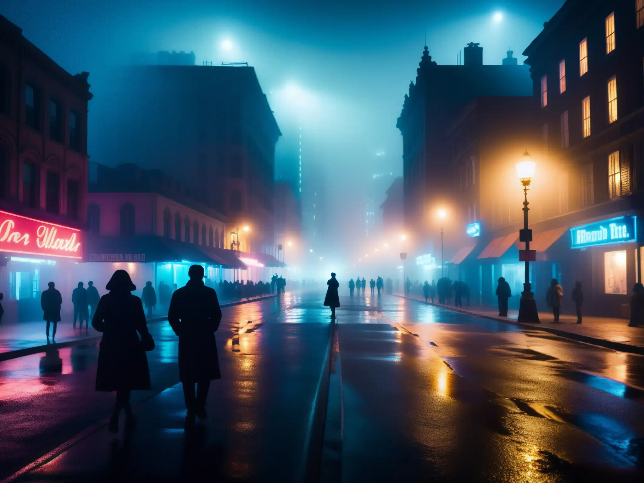 Calles urbanas misteriosas y sombrías en la noche, con neblina y siluetas inquietantes, transmitiendo pánico y leyendas urbanas