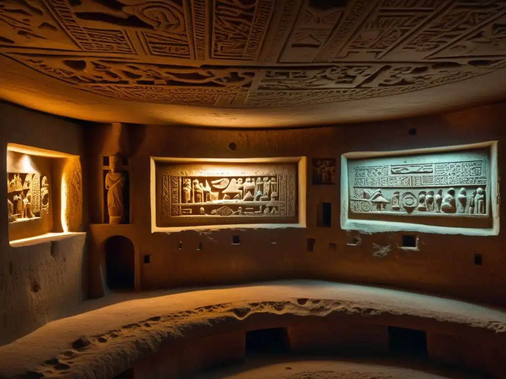 Una cámara subterránea iluminada débilmente muestra tesoros antiguos y escenas de rituales