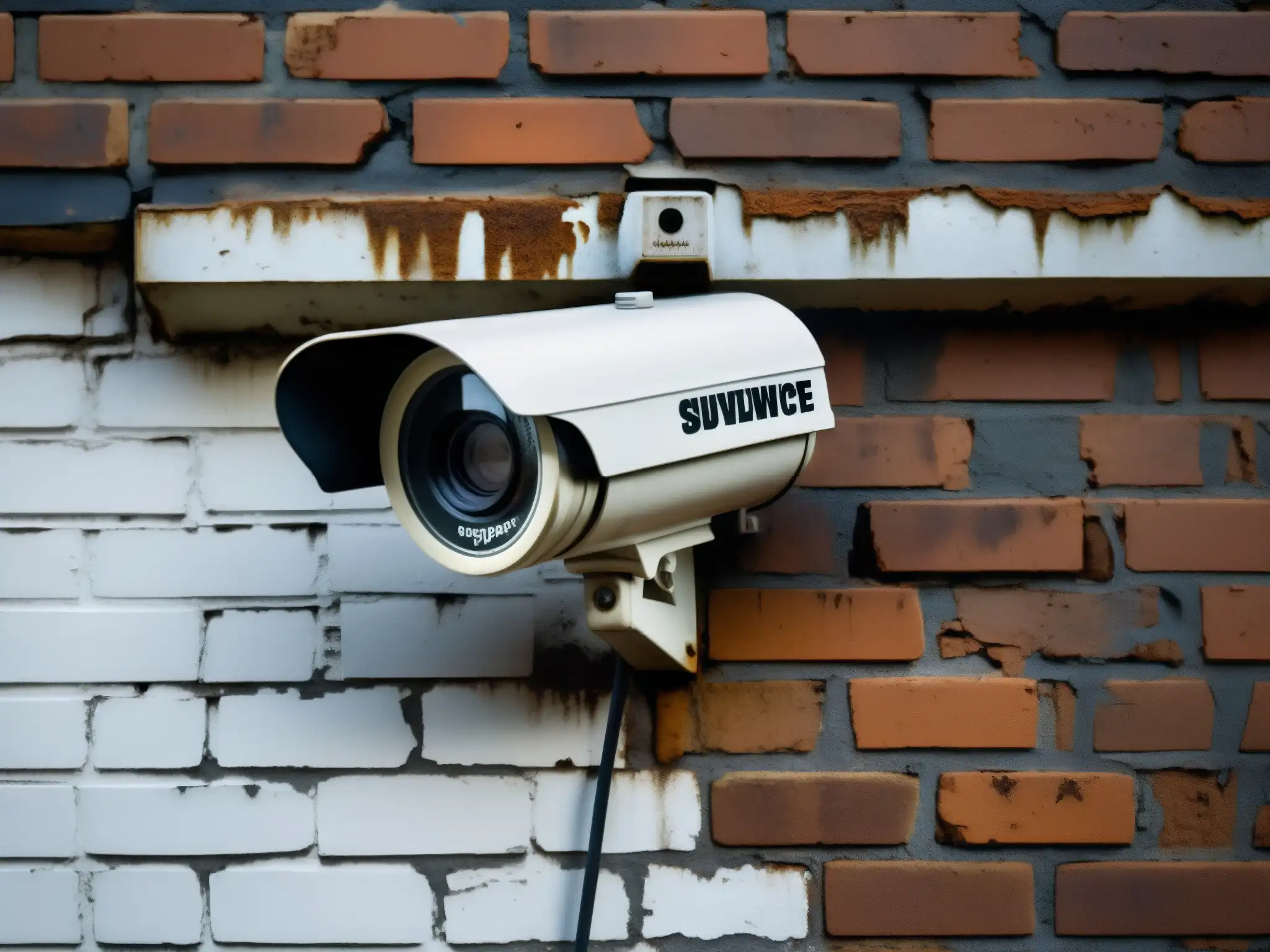 Una cámara de vigilancia en blanco y negro, rodeada de telarañas, en una pared de ladrillo