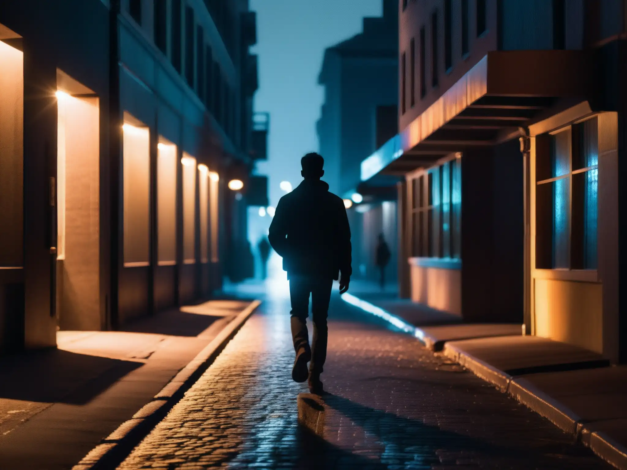 Un caminante solitario, iluminado por la pantalla del smartphone, en una calle oscura, evocando leyendas urbanas dispositivos inteligentes