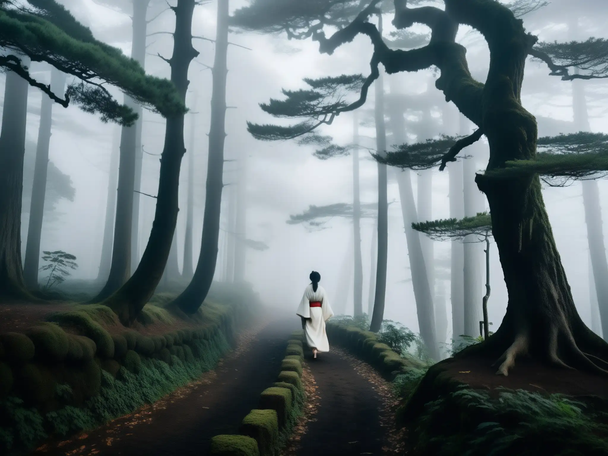 Camino en el bosque japonés con niebla densa y apariciones de mujer blanca, misterio y belleza etérea